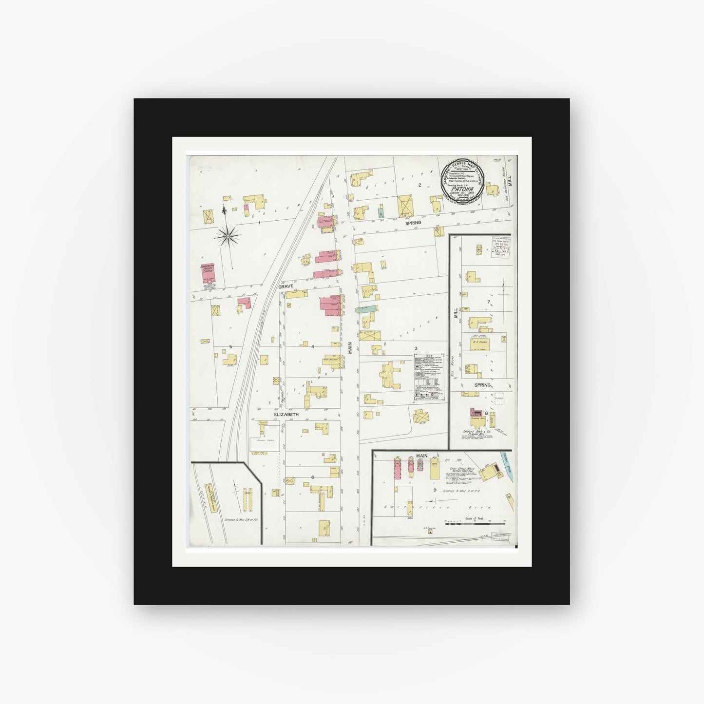 Old map wall art mockup — black gallery frame with white mat — Sanborn Fire Insurance Map from Patoka, Gibson County, Indiana (1900), Sheet #0001