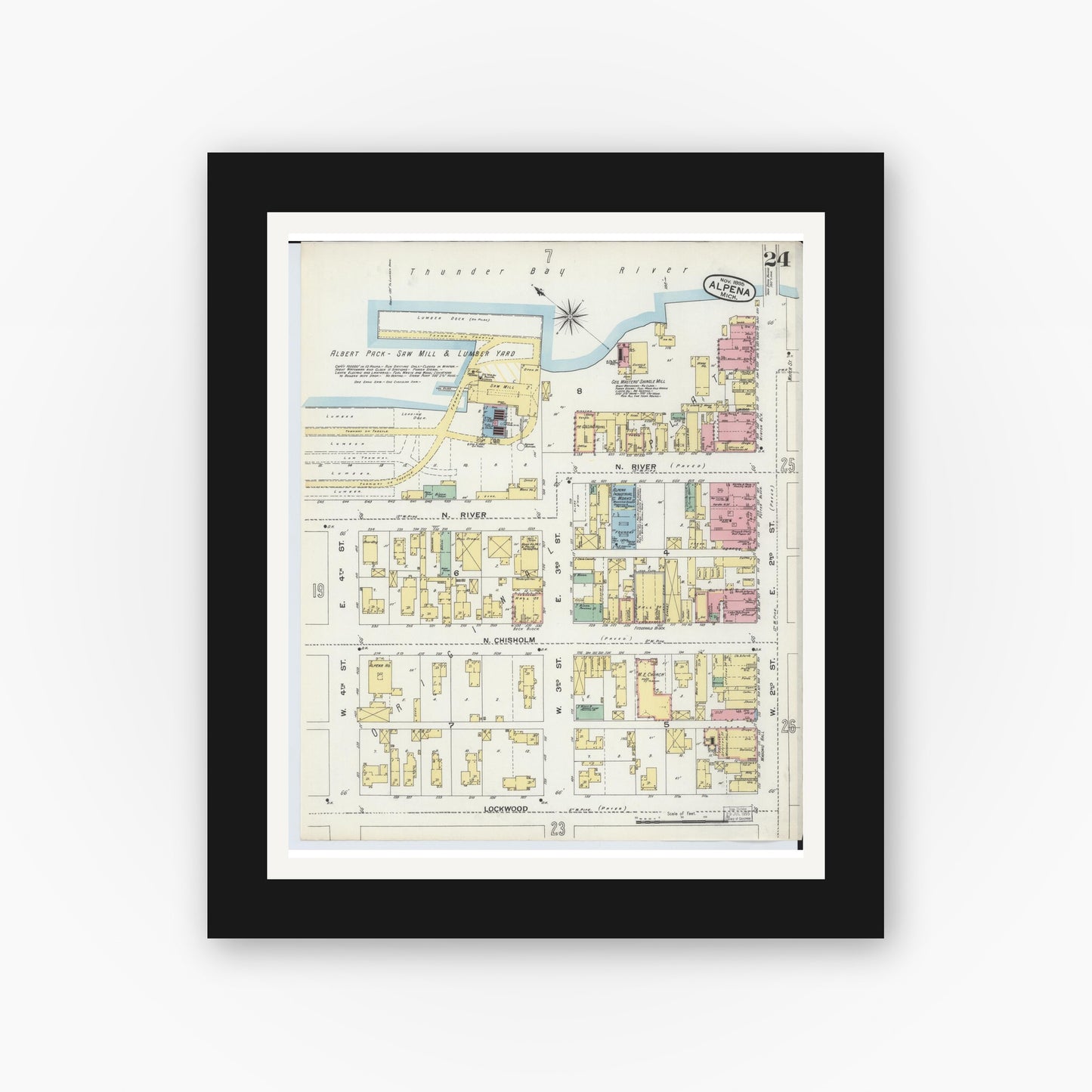 Old map wall art mockup — black gallery frame with white mat — Sanborn Fire Insurance Map from Alpena, Alpena County, Michigan (1895), Sheet #0024