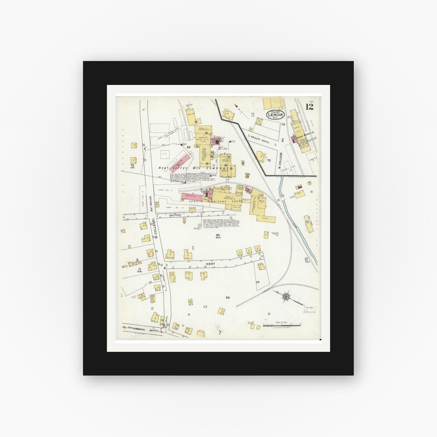 Old map wall art mockup — black gallery frame with white mat — Sanborn Fire Insurance Map from Lenoir, Caldwell County, North Carolina (1921), Sheet #0012