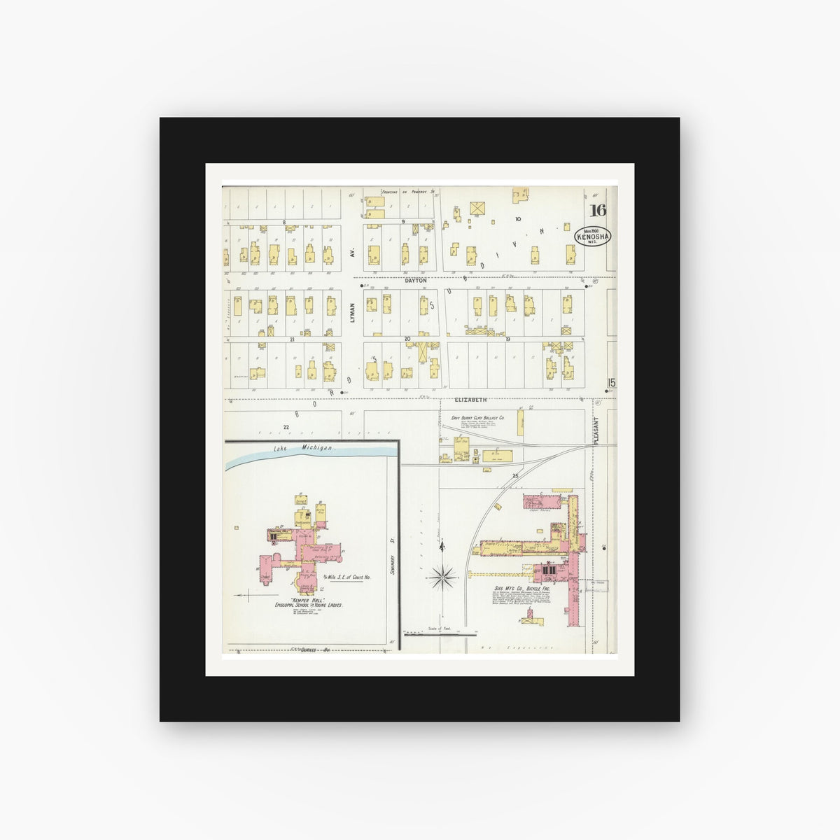 Old map wall art mockup — black gallery frame with white mat — Sanborn Fire Insurance Map from Kenosha, Kenosha County, Wisconsin (1900), Sheet #0016