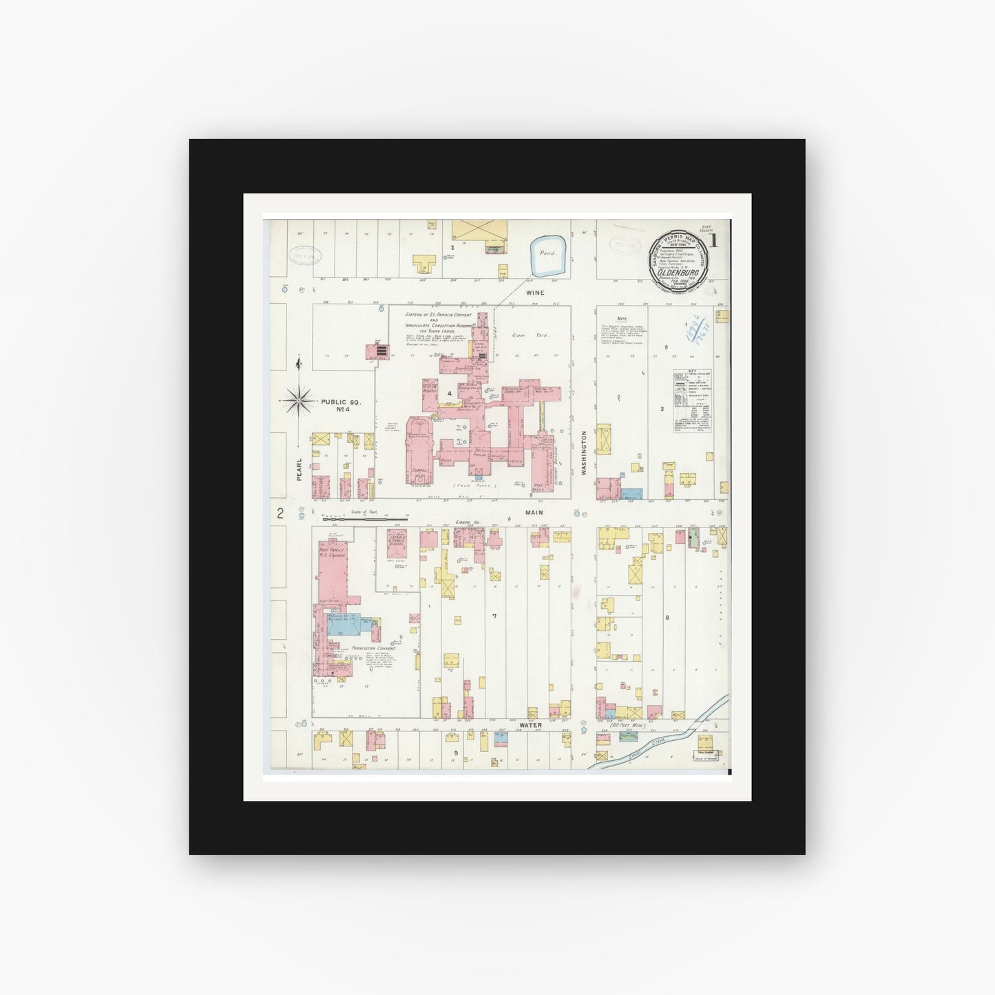 Old map wall art mockup — black gallery frame with white mat — Sanborn Fire Insurance Map from Oldenburg, Franklin County, Indiana (1899) - Complete Map Set