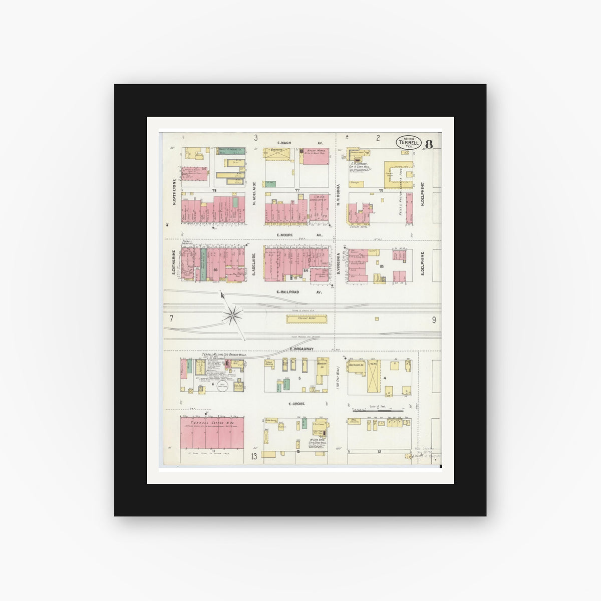 Old map wall art mockup — black gallery frame with white mat — Sanborn Fire Insurance Map from Terrell, Kaufman County, Texas (1902), Sheet #0008