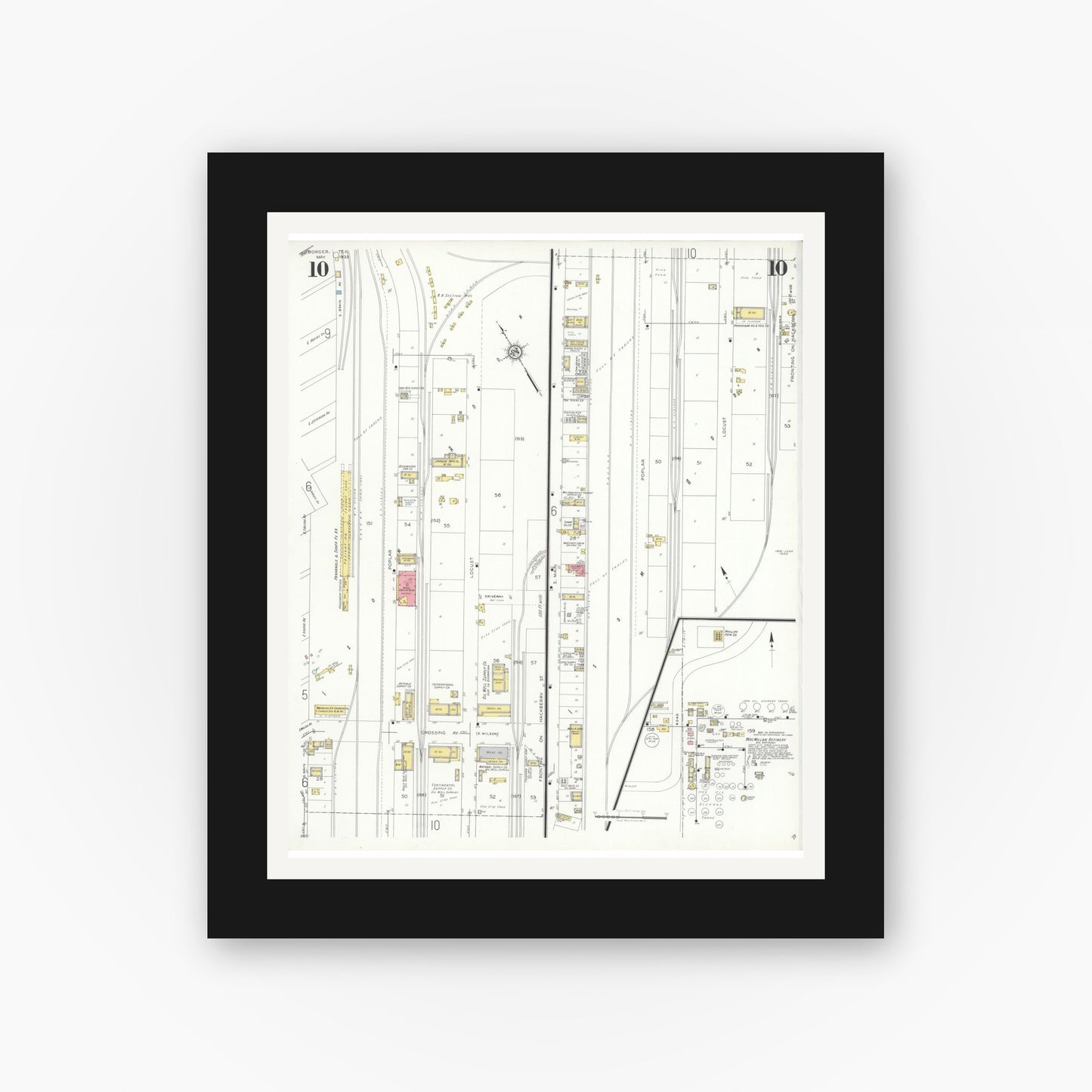 Old map wall art mockup — black gallery frame with white mat — Sanborn Fire Insurance Map from Borger, Hutchinson County, Texas (1933), Sheet #0010