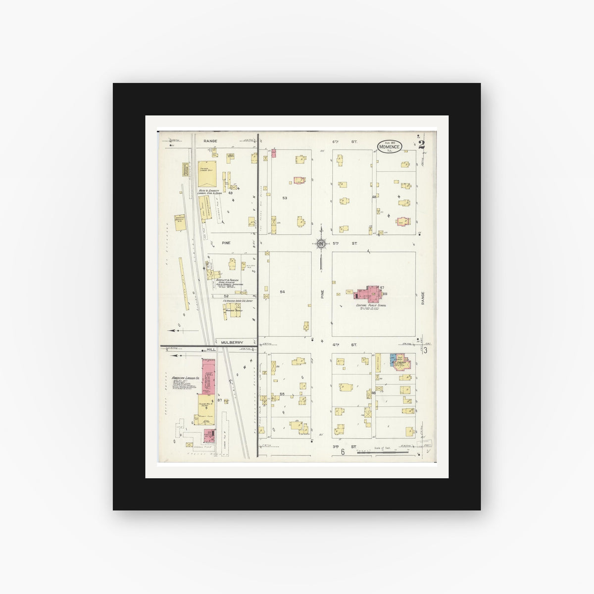 Old map wall art mockup — black gallery frame with white mat — Sanborn Fire Insurance Map from Momence, Kankakee County, Illinois (1913), Sheet #0002
