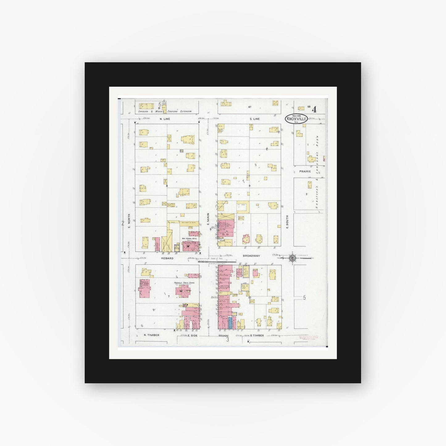 Old map wall art mockup — black gallery frame with white mat — Sanborn Fire Insurance Map from Knoxville, Knox County, Illinois (1918), Sheet #0004