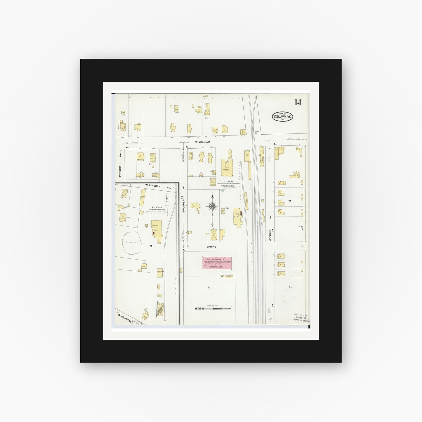 Old map wall art mockup — black gallery frame with white mat — Sanborn Fire Insurance Map from Delaware, Delaware County, Ohio (1911), Sheet #0014