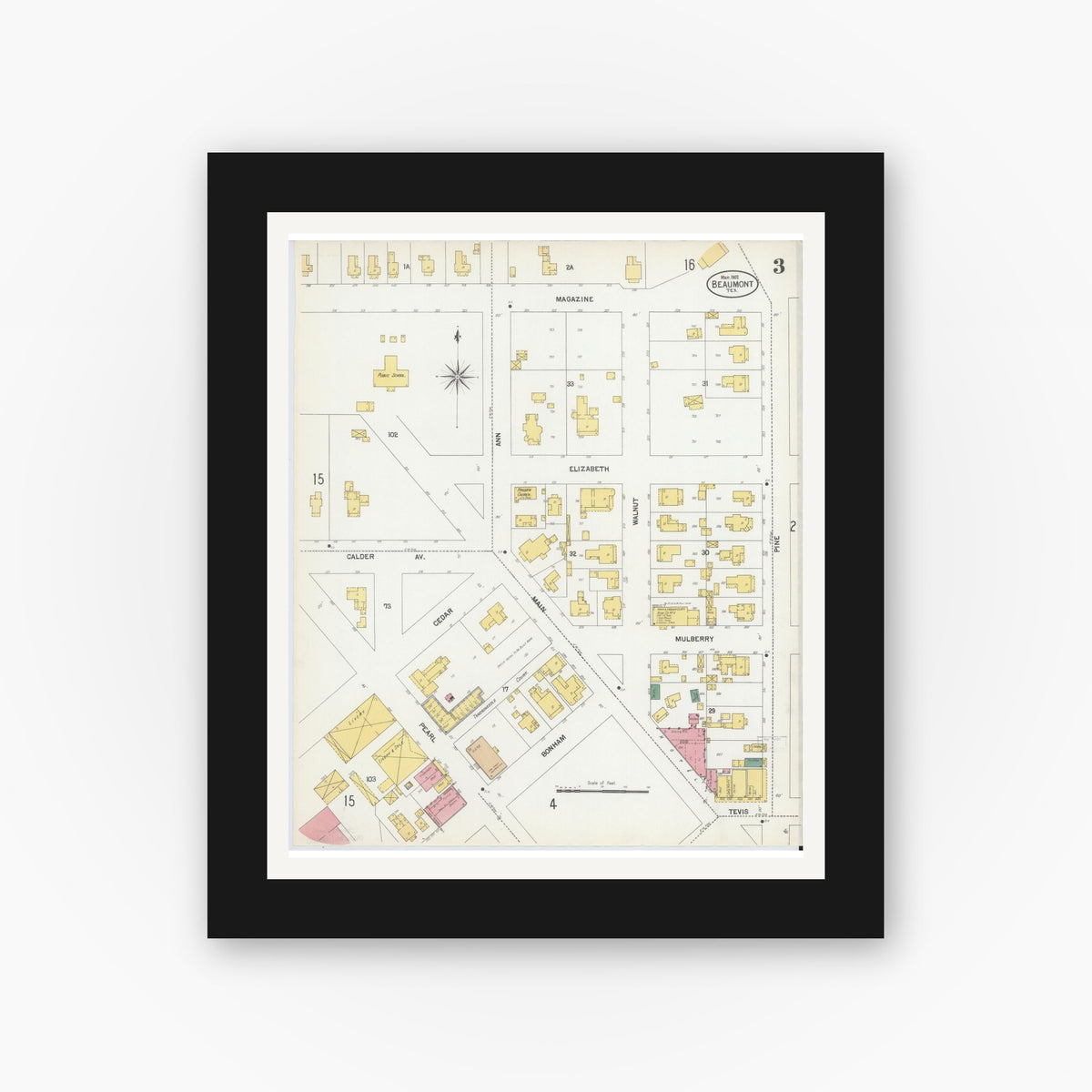 Old map wall art mockup — black gallery frame with white mat — Sanborn Fire Insurance Map from Beaumont, Jefferson County, Texas (1902), Sheet #0003
