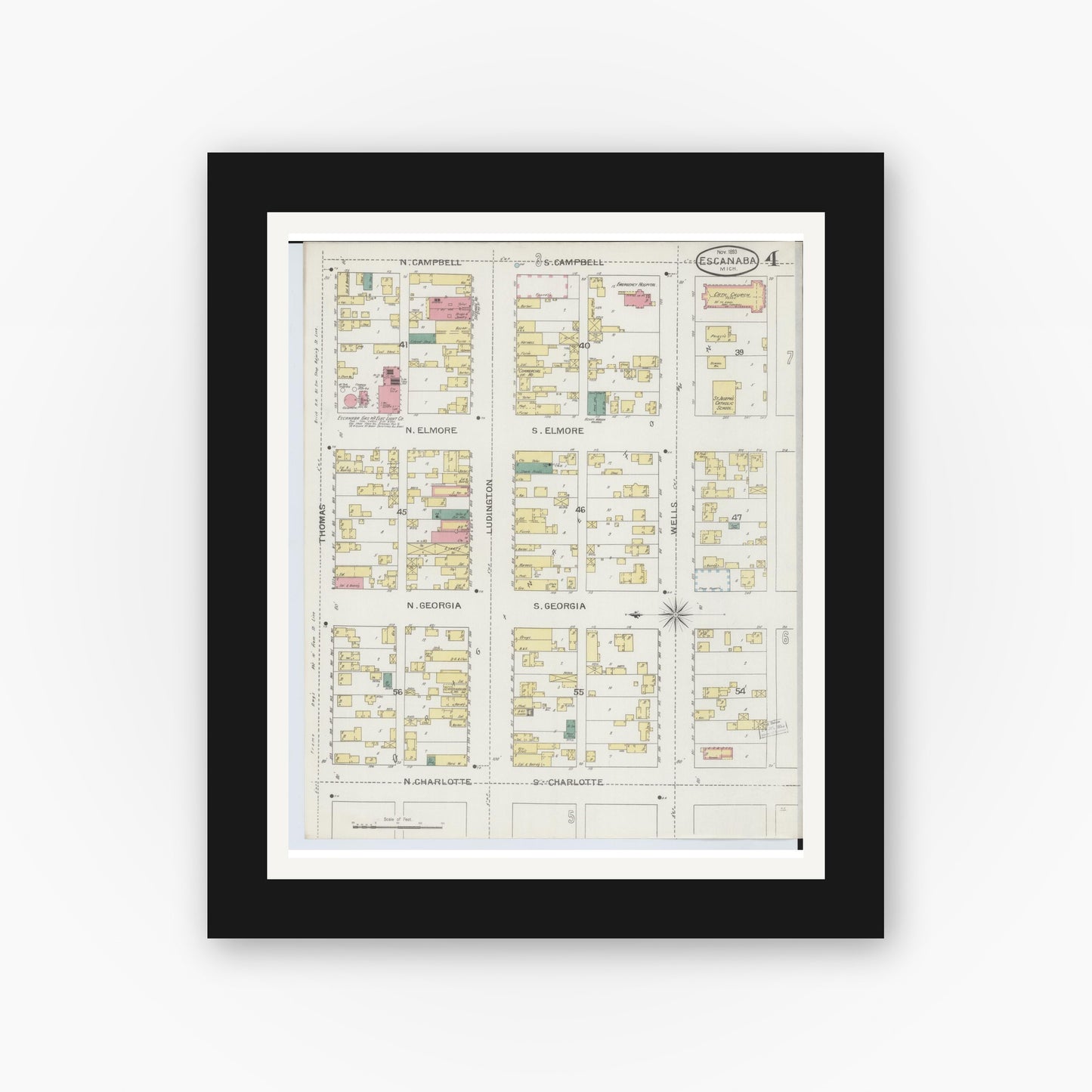 Old map wall art mockup — black gallery frame with white mat — Sanborn Fire Insurance Map from Escanaba, Delta County, Michigan (1893), Sheet #0004