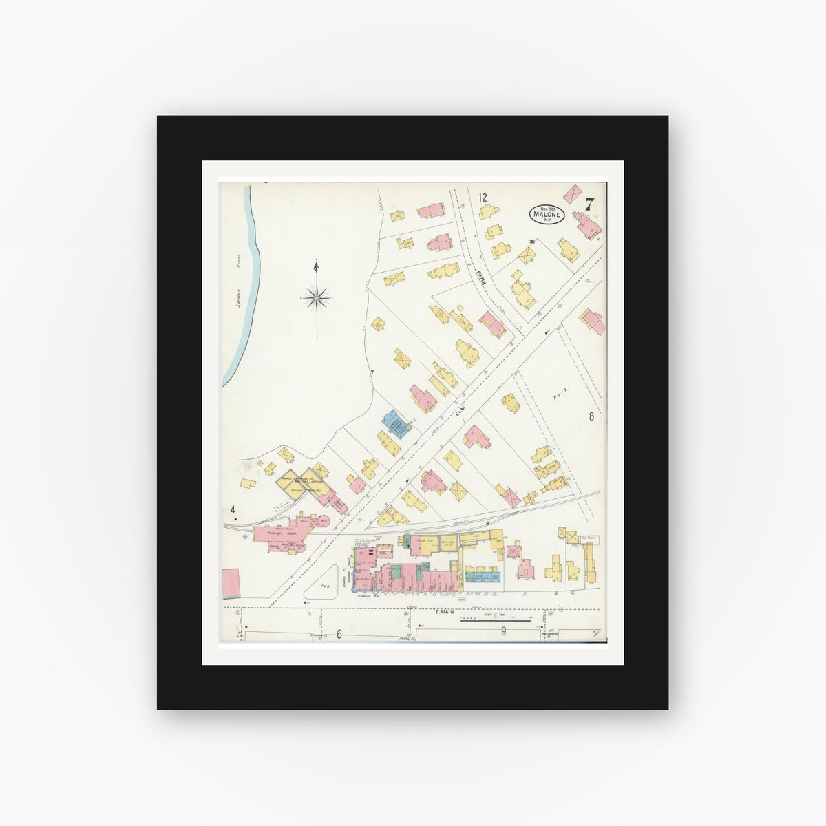 Old map wall art mockup — black gallery frame with white mat — Sanborn Fire Insurance Map from Malone, Franklin County, New York (1903), Sheet #0007