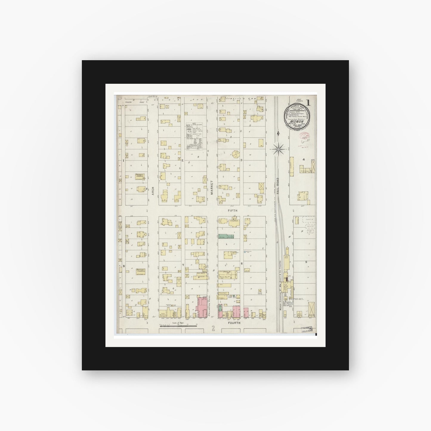 Old map wall art mockup — black gallery frame with white mat — Sanborn Fire Insurance Map from Monon, White County, Indiana (1895) - Complete Map Set