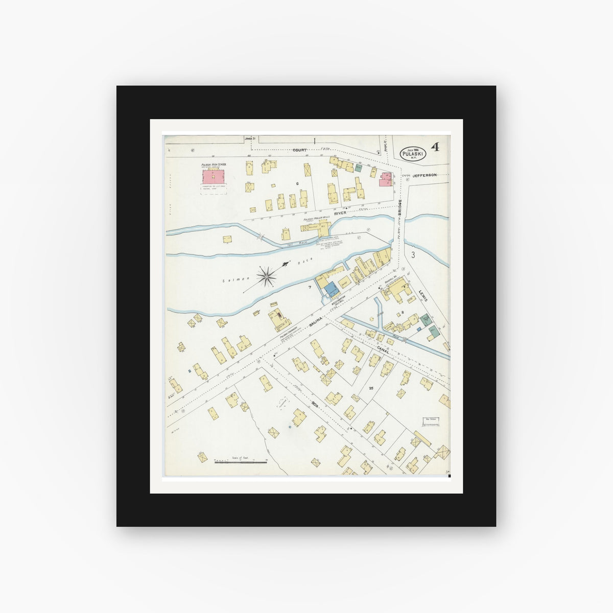 Old map wall art mockup — black gallery frame with white mat — Sanborn Fire Insurance Map from Pulaski, Oswego County, New York (1906), Sheet #0004