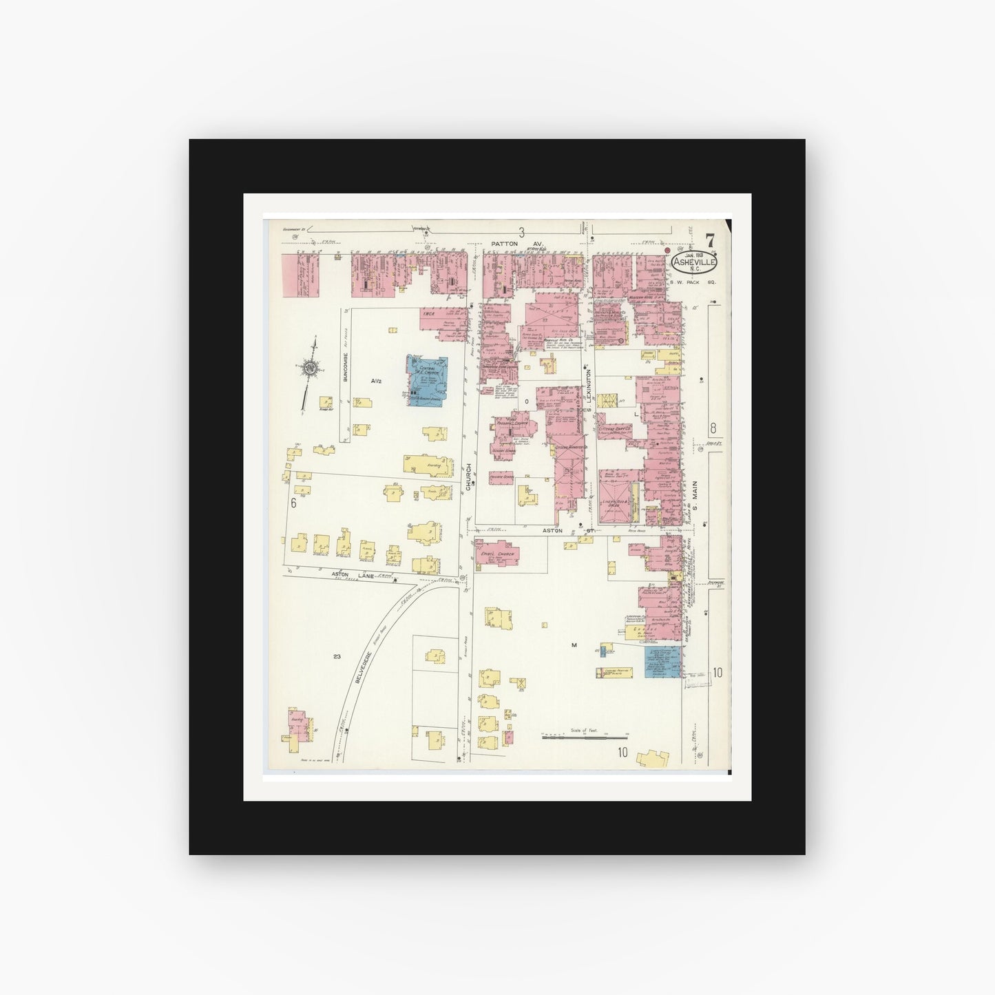 Old map wall art mockup — black gallery frame with white mat — Sanborn Fire Insurance Map from Asheville, Buncombe County, North Carolina (1913), Sheet #0007