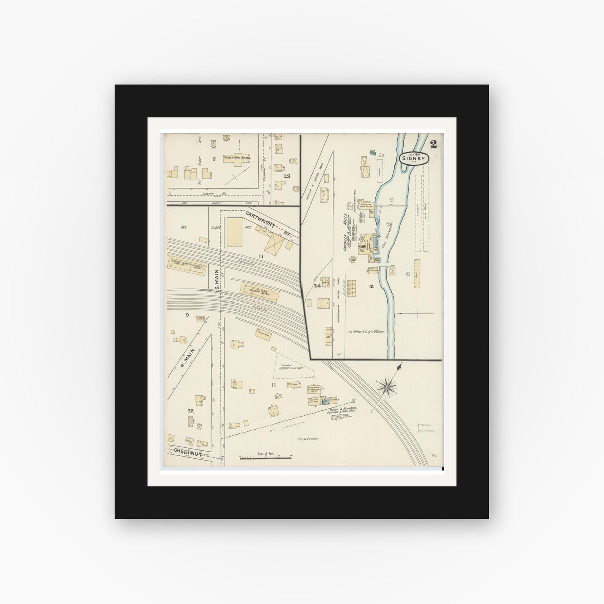 Old map wall art mockup — black gallery frame with white mat — Sanborn Fire Insurance Map from Sidney, Delaware County, New York (1891), Sheet #0002