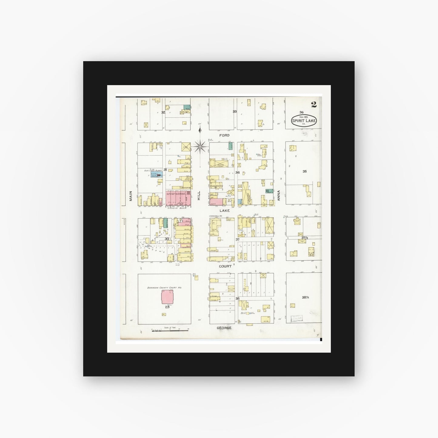 Old map wall art mockup β black gallery frame with white mat β Sanborn Fire Insurance Map from Spirit Lake, Dickinson County, Iowa (1893), Sheet #0002