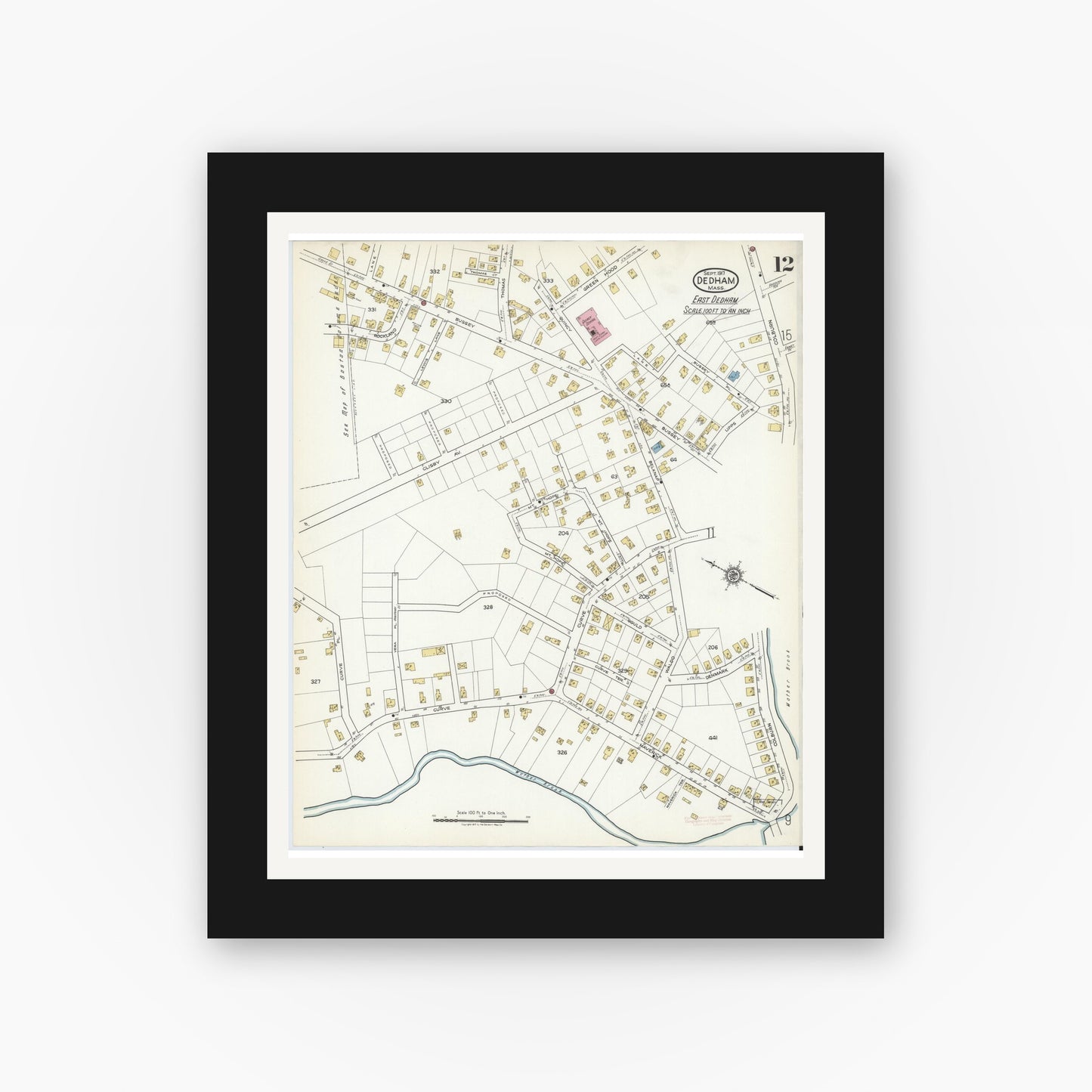 Old map wall art mockup — black gallery frame with white mat — Sanborn Fire Insurance Map from Dedham, Norfolk County, Massachusetts (1917), Sheet #0012