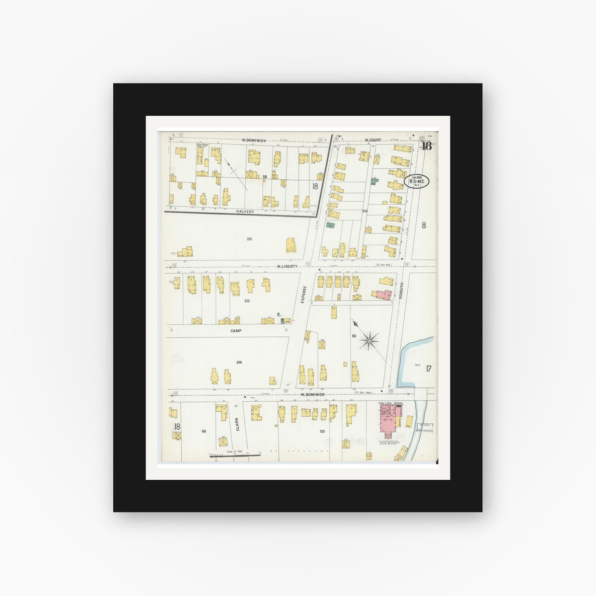 Old map wall art mockup — black gallery frame with white mat — Sanborn Fire Insurance Map from Rome, Oneida County, New York (1899), Sheet #0018