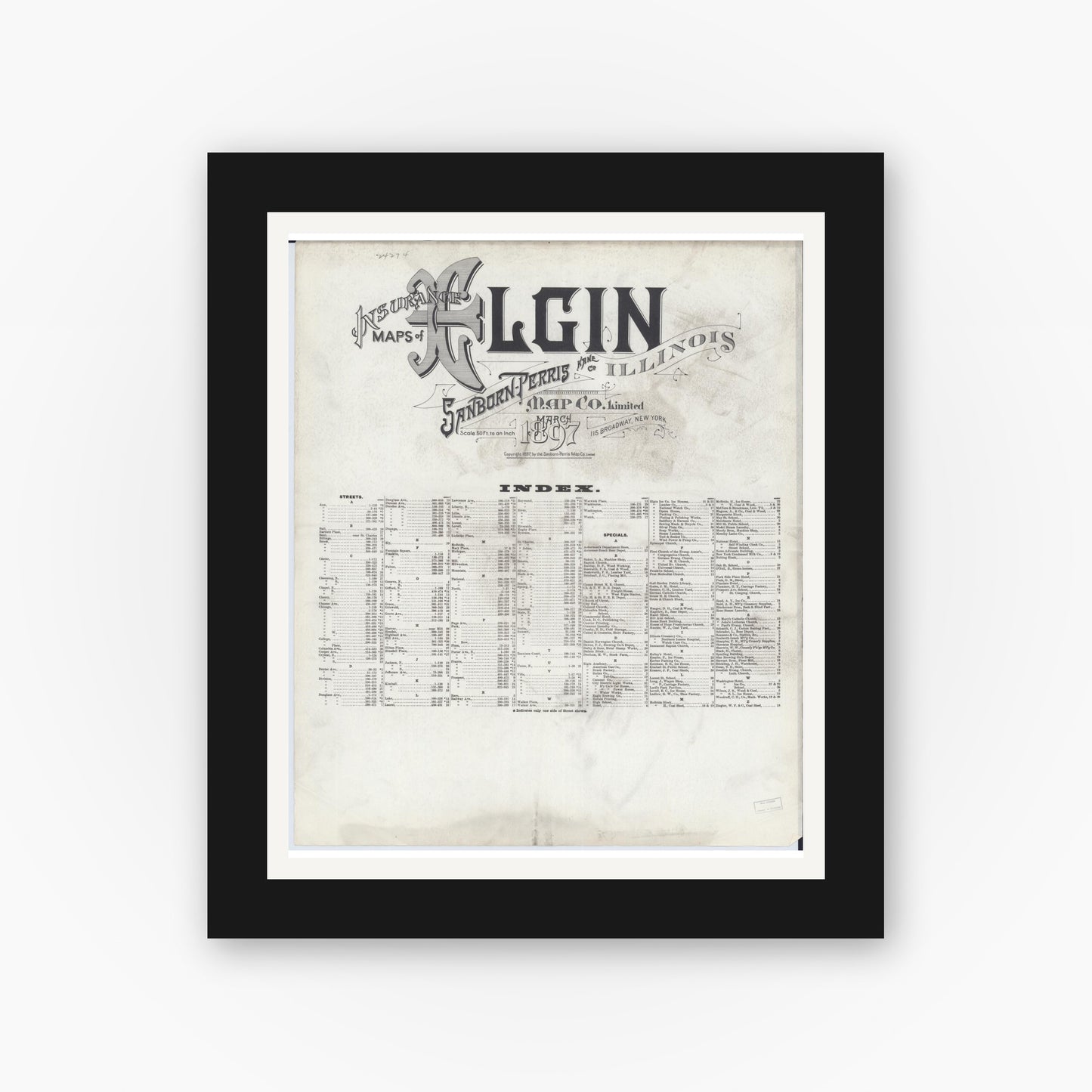 Old map wall art mockup — black gallery frame with white mat — Sanborn Fire Insurance Map from Elgin, Kane County, Illinois (1897), Sheet #0001