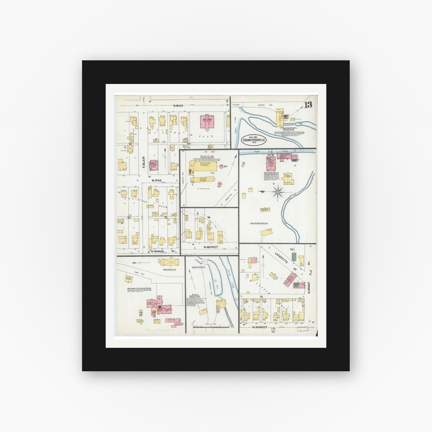 Old map wall art mockup — black gallery frame with white mat — Sanborn Fire Insurance Map from Crawfordsville, Montgomery County, Indiana (1902), Sheet #0013