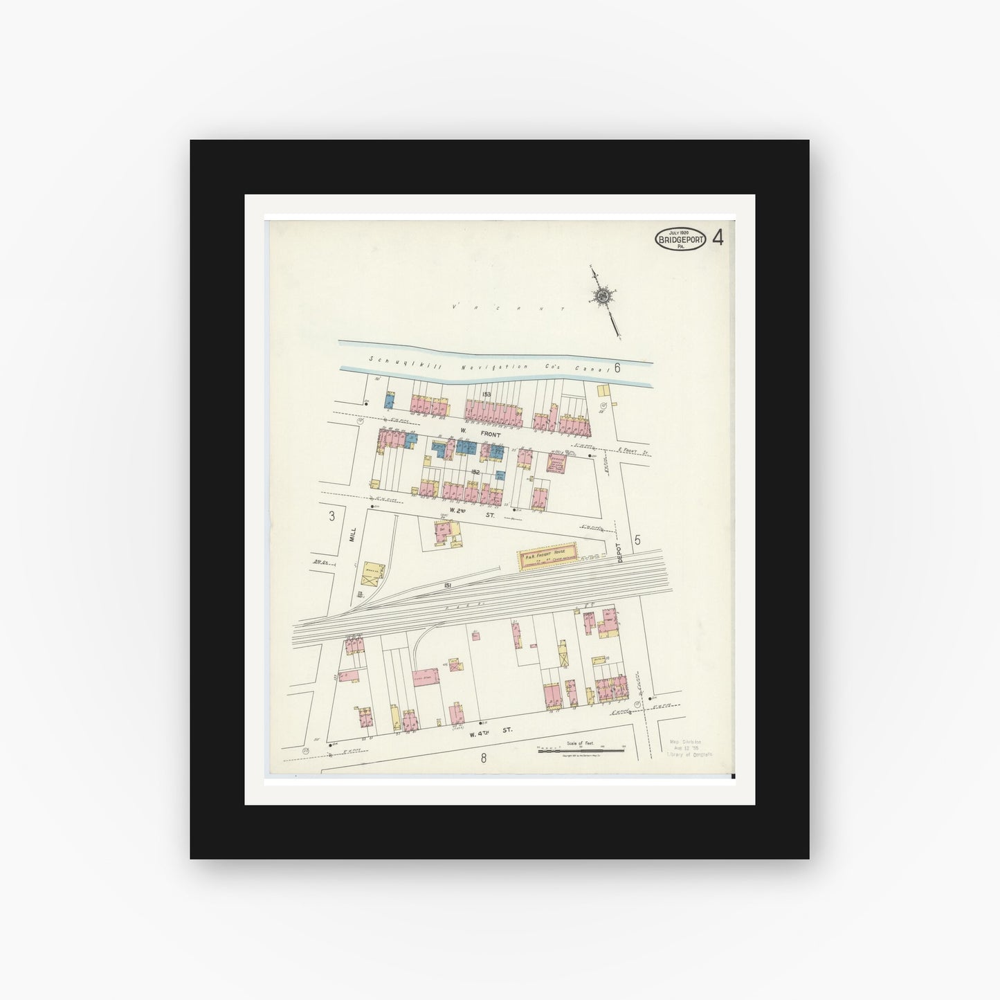 Old map wall art mockup — black gallery frame with white mat — Sanborn Fire Insurance Map from Bridgeport, Montgomery County, Pennsylvania (1920), Sheet #0004