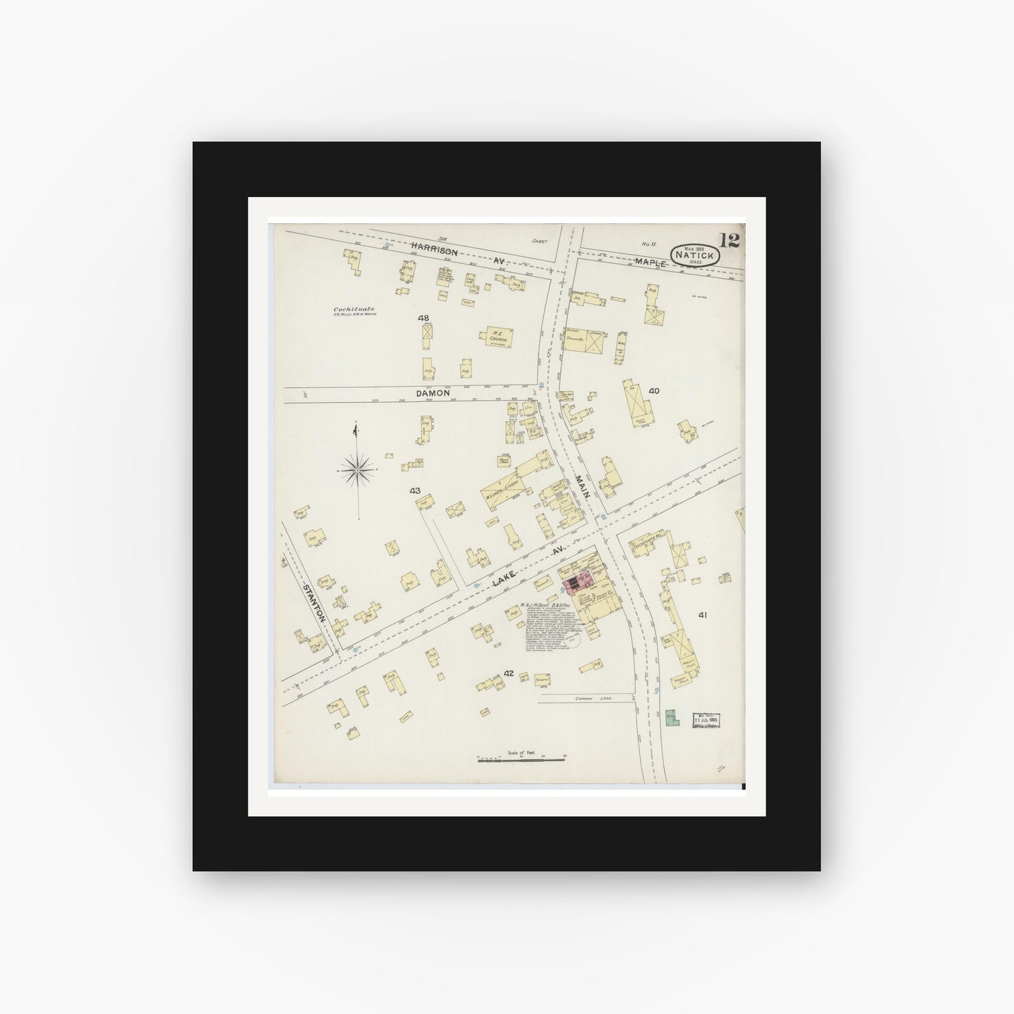 Old map wall art mockup — black gallery frame with white mat — Sanborn Fire Insurance Map from Natick, Middlesex County, Massachusetts (1888), Sheet #0012
