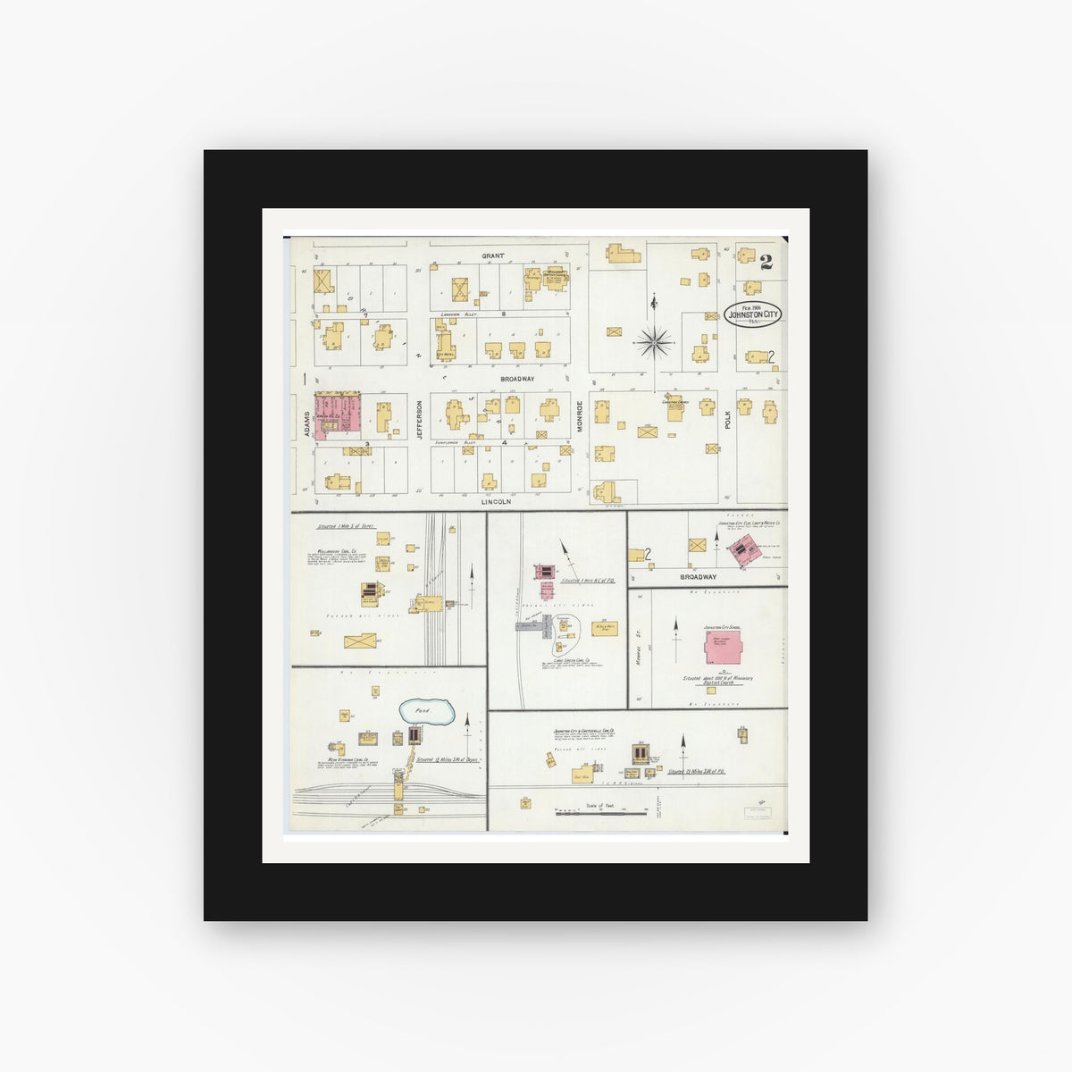 Old map wall art mockup — black gallery frame with white mat — Sanborn Fire Insurance Map from Johnston City, Williamson County, Illinois (1906), Sheet #0002
