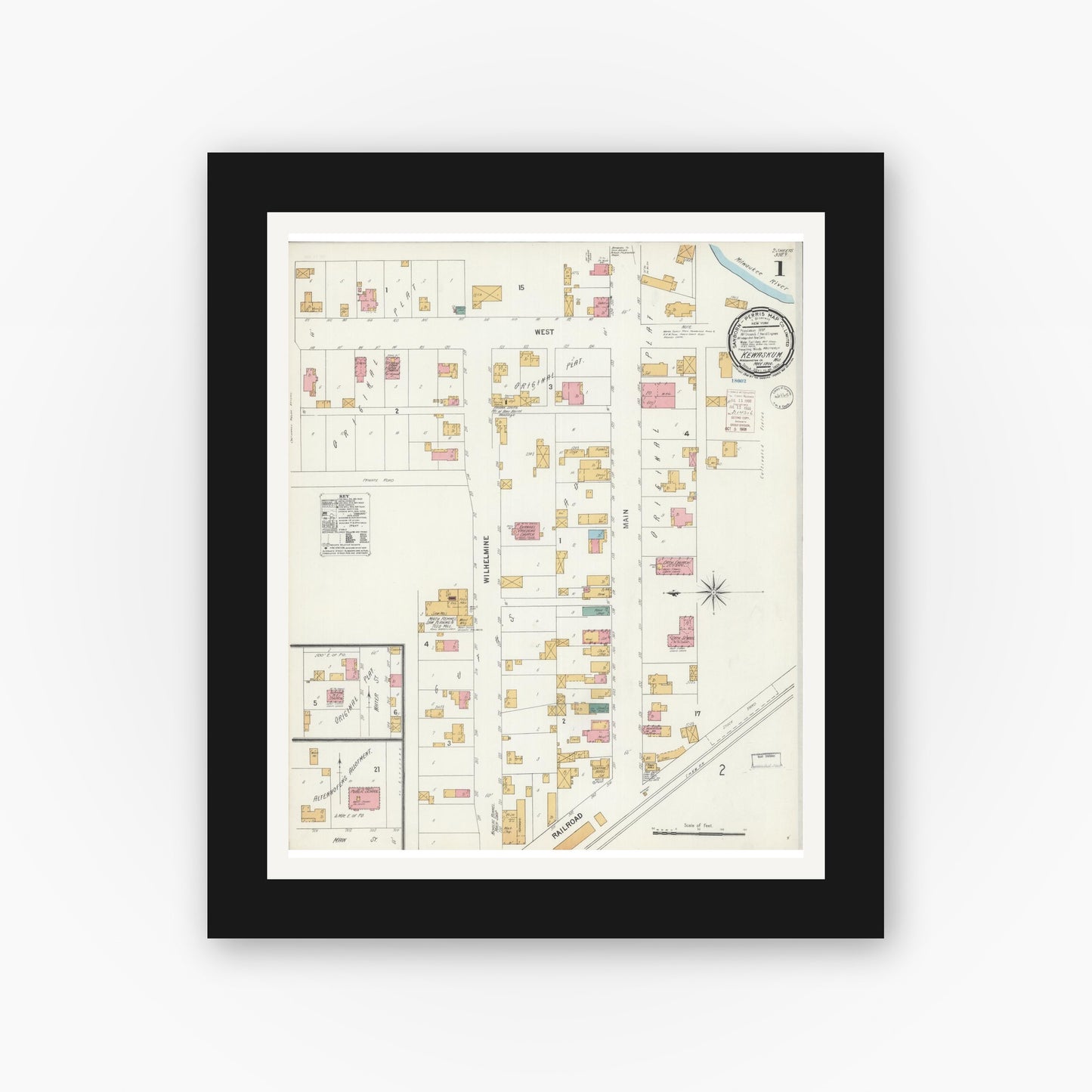 Old map wall art mockup — black gallery frame with white mat — Sanborn Fire Insurance Map from Kewaskum, Washington County, Wisconsin (1900), Sheet #0001