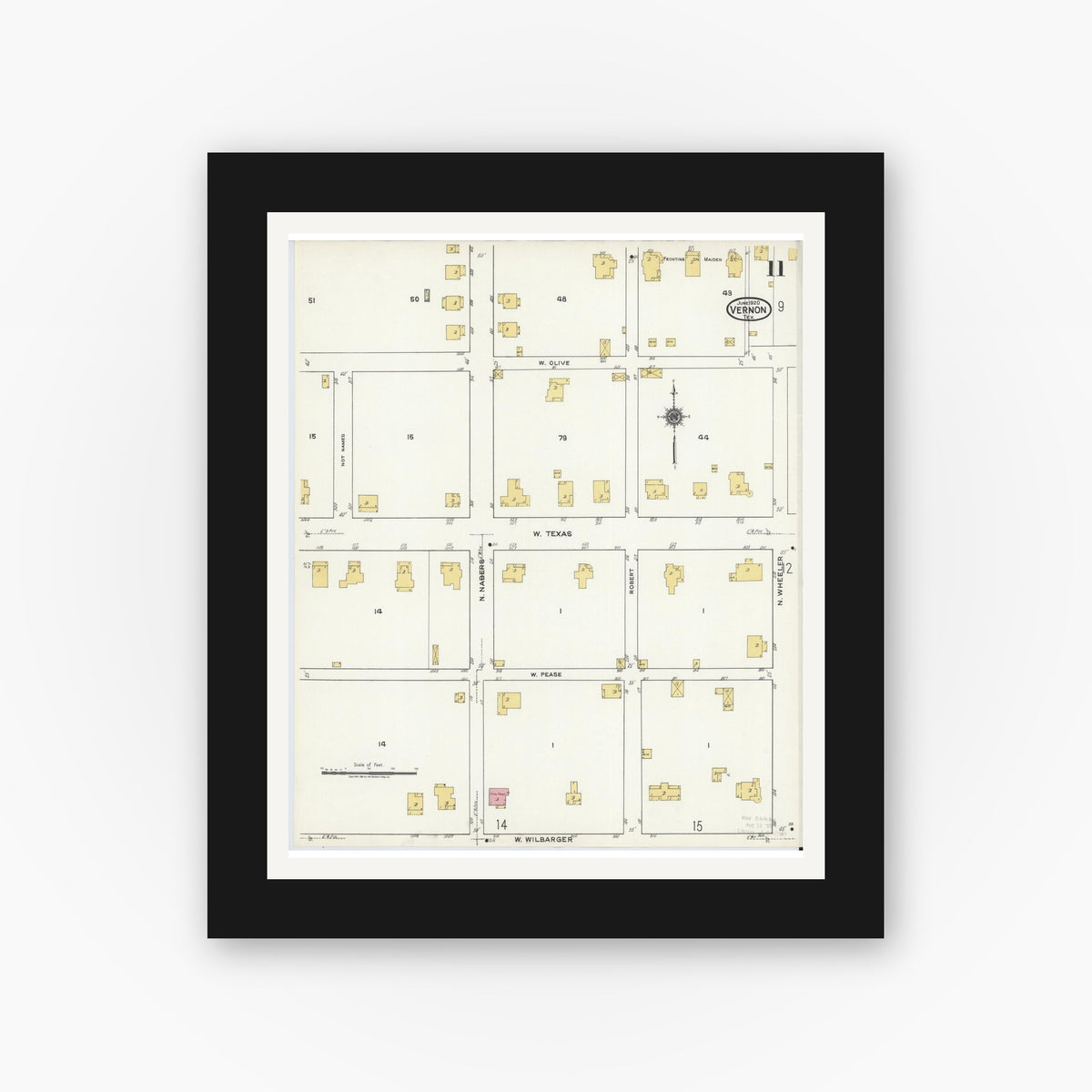 Old map wall art mockup — black gallery frame with white mat — Sanborn Fire Insurance Map from Vernon, Wilbarger County, Texas (1920), Sheet #0011