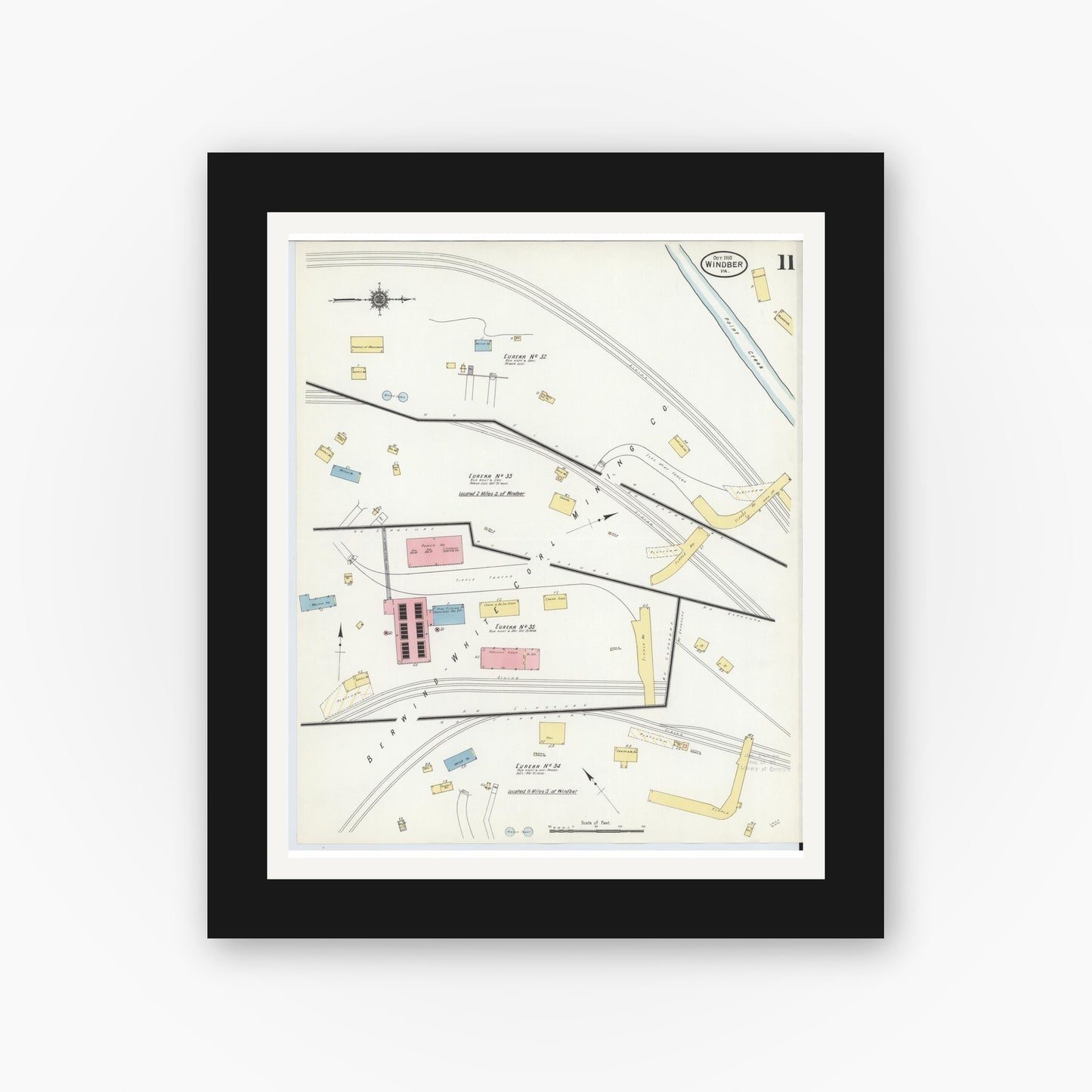 Old map wall art mockup — black gallery frame with white mat — Sanborn Fire Insurance Map from Windber, Somerset County, Pennsylvania (1910), Sheet #0011