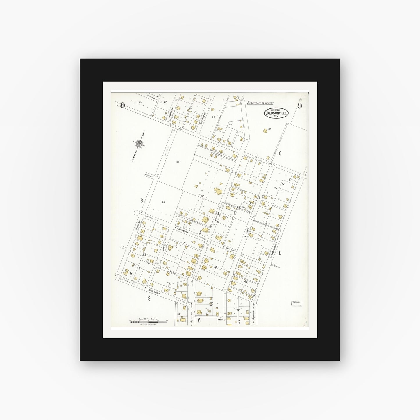 Old map wall art mockup — black gallery frame with white mat — Sanborn Fire Insurance Map from Jacksonville, Cherokee County, Texas (1923), Sheet #0009