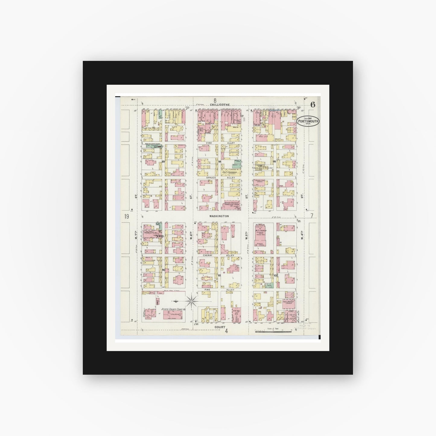 Old map wall art mockup — black gallery frame with white mat — Sanborn Fire Insurance Map from Portsmouth, Scioto County, Ohio (1897), Sheet #0006