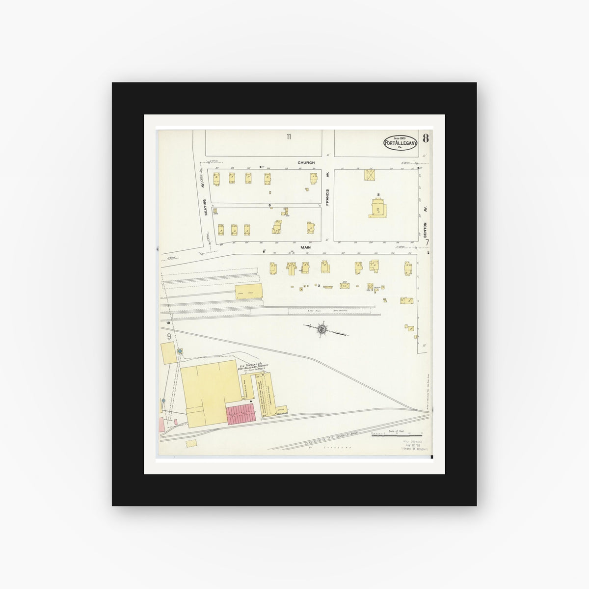 Old map wall art mockup — black gallery frame with white mat — Sanborn Fire Insurance Map from Port Allegany, McKean County, Pennsylvania (1909), Sheet #0008