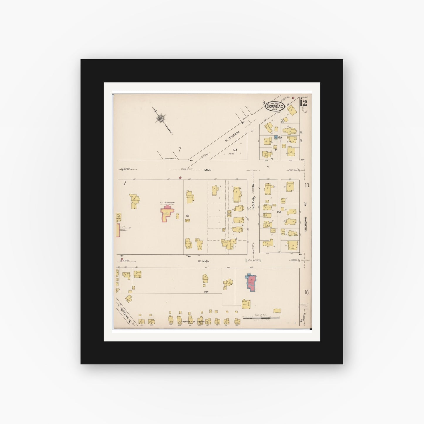 Old map wall art mockup — black gallery frame with white mat — Sanborn Fire Insurance Map from Dowagiac, Cass County, Michigan (1922), Sheet #0012
