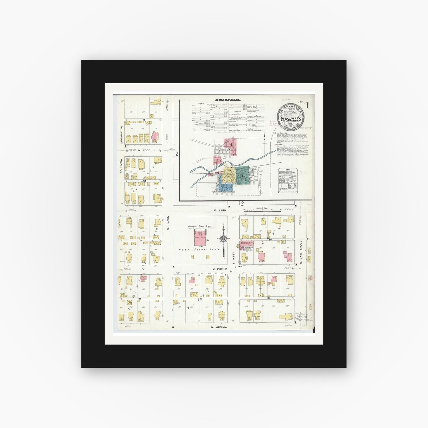 Old map wall art mockup — black gallery frame with white mat — Sanborn Fire Insurance Map from Versailles, Darke County, Ohio (1911), Sheet #0001