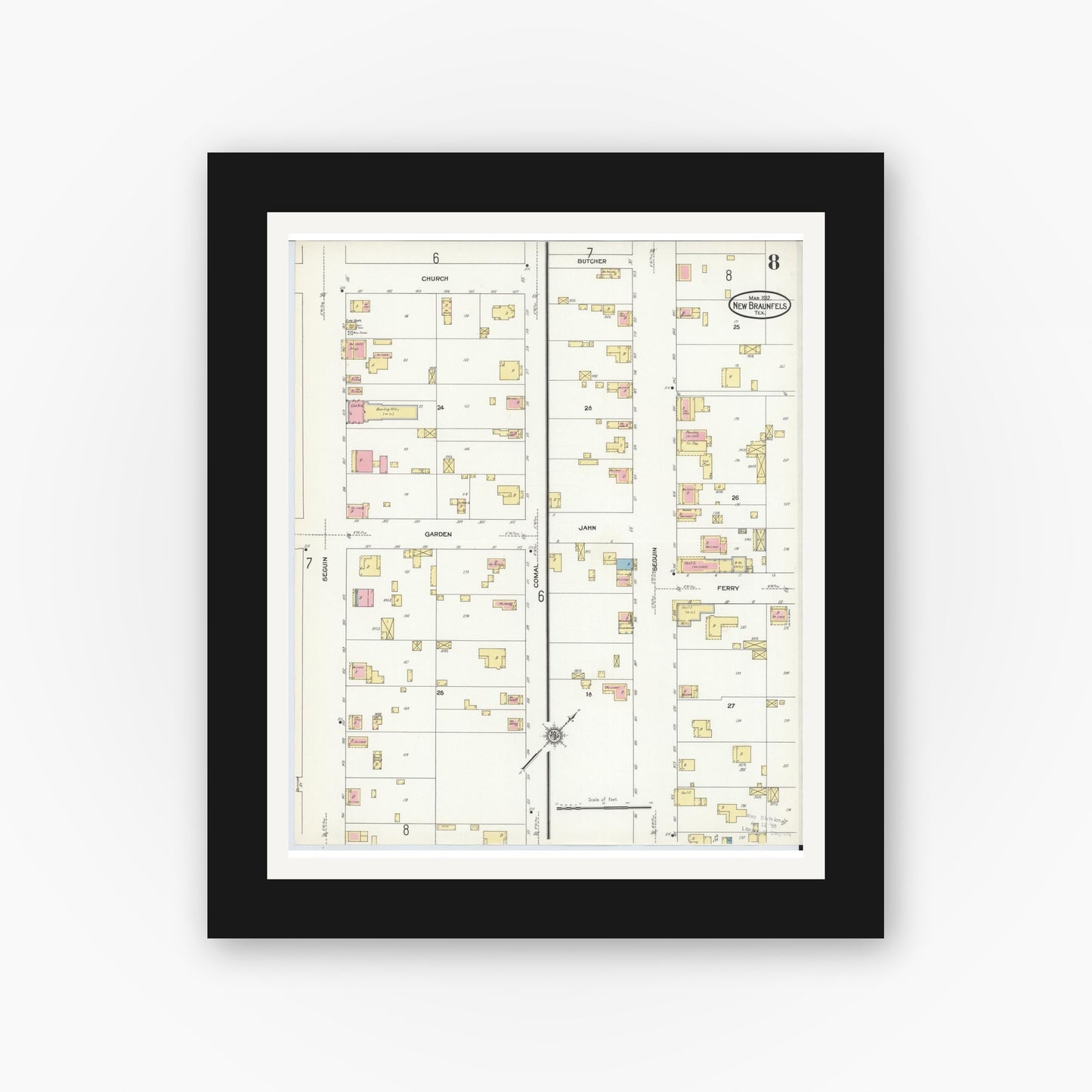 Old map wall art mockup — black gallery frame with white mat — Sanborn Fire Insurance Map from New Braunfels, Comal County, Texas (1912), Sheet #0008