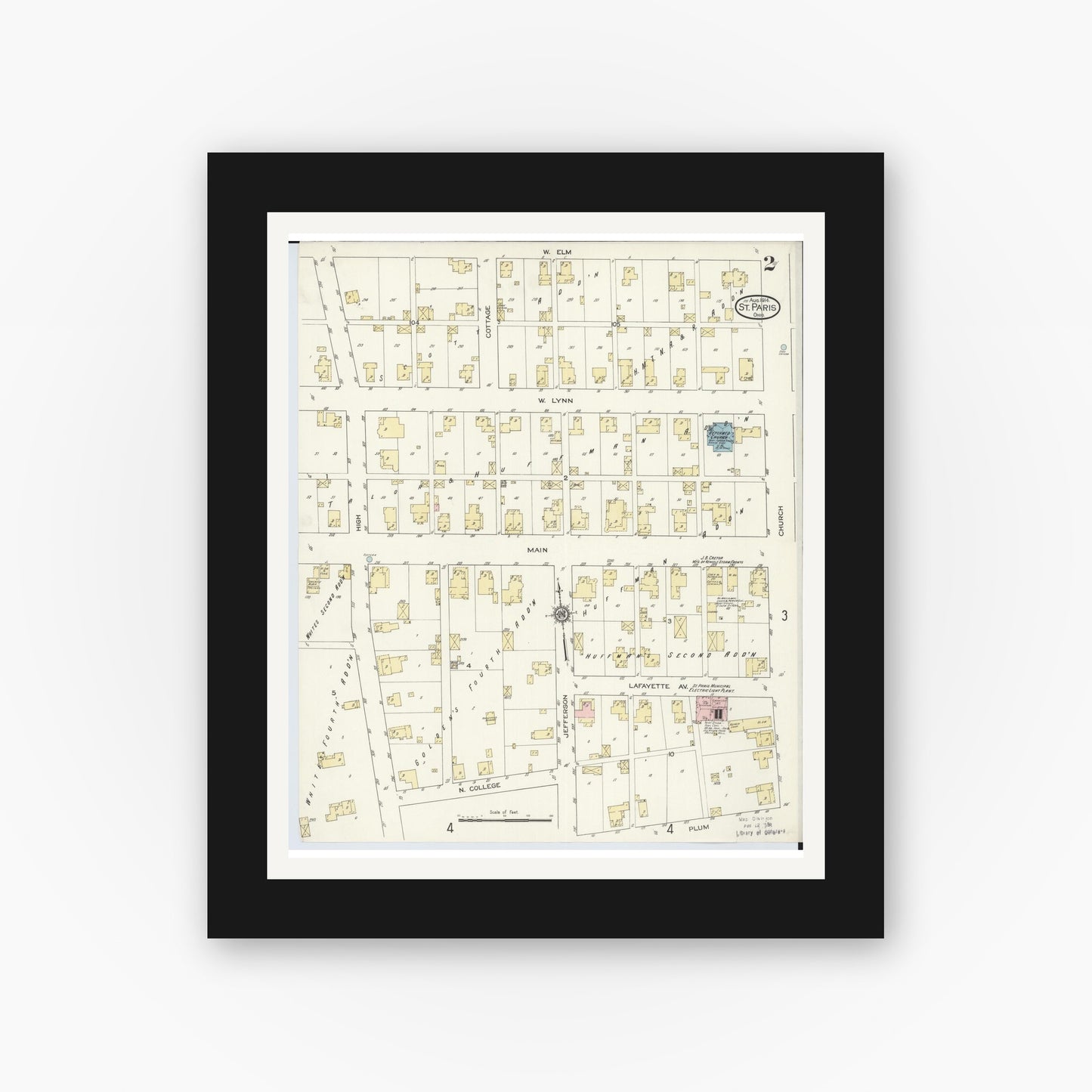 Old map wall art mockup — black gallery frame with white mat — Sanborn Fire Insurance Map from Saint Paris, Champaign County, Ohio (1914), Sheet #0002