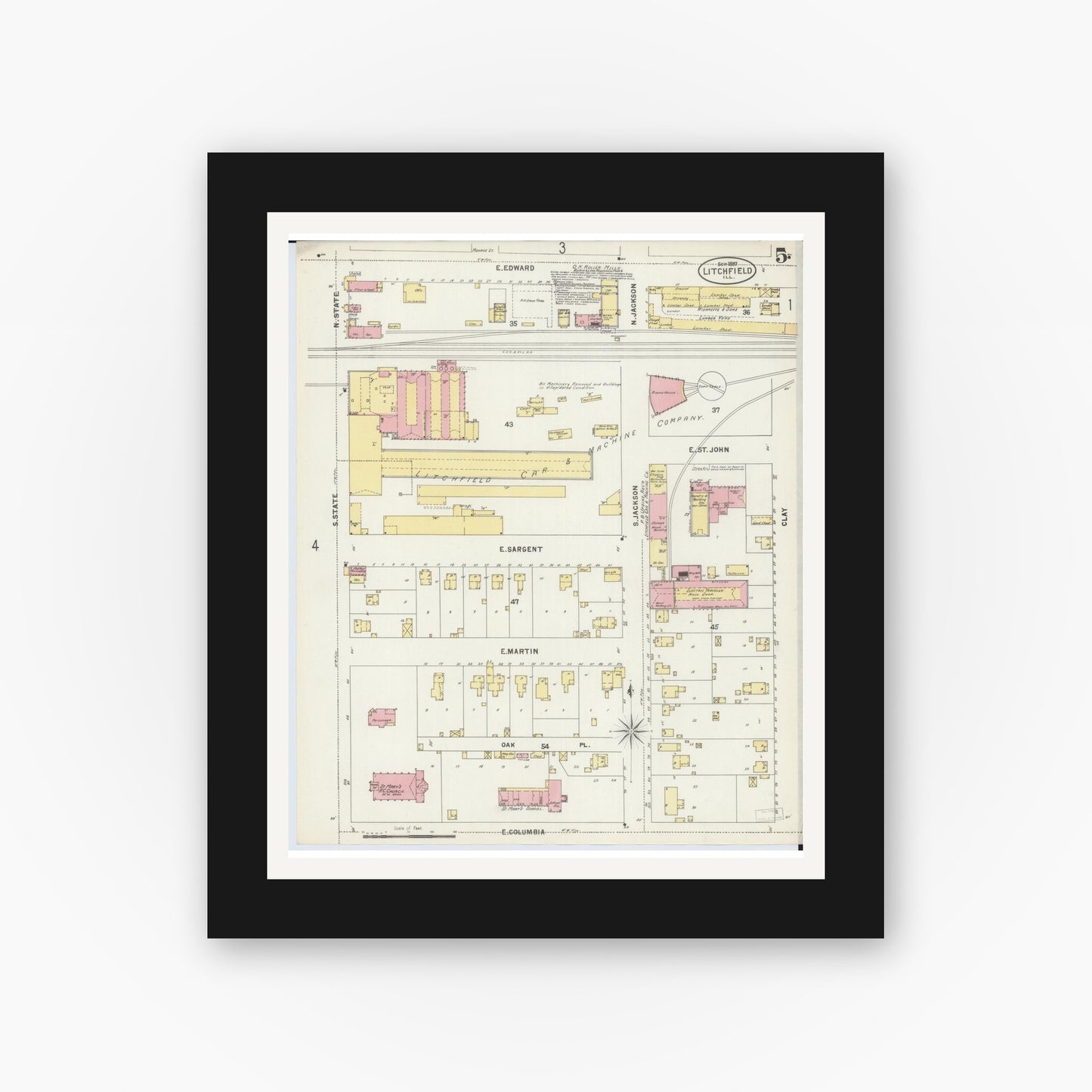Old map wall art mockup — black gallery frame with white mat — Sanborn Fire Insurance Map from Litchfield, Montgomery County, Illinois (1897), Sheet #0005