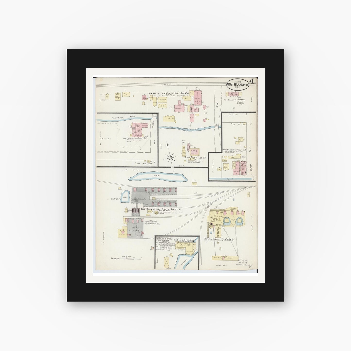 Old map wall art mockup — black gallery frame with white mat — Sanborn Fire Insurance Map from New Philadelphia, Tuscarawas County, Ohio (1887), Sheet #0004