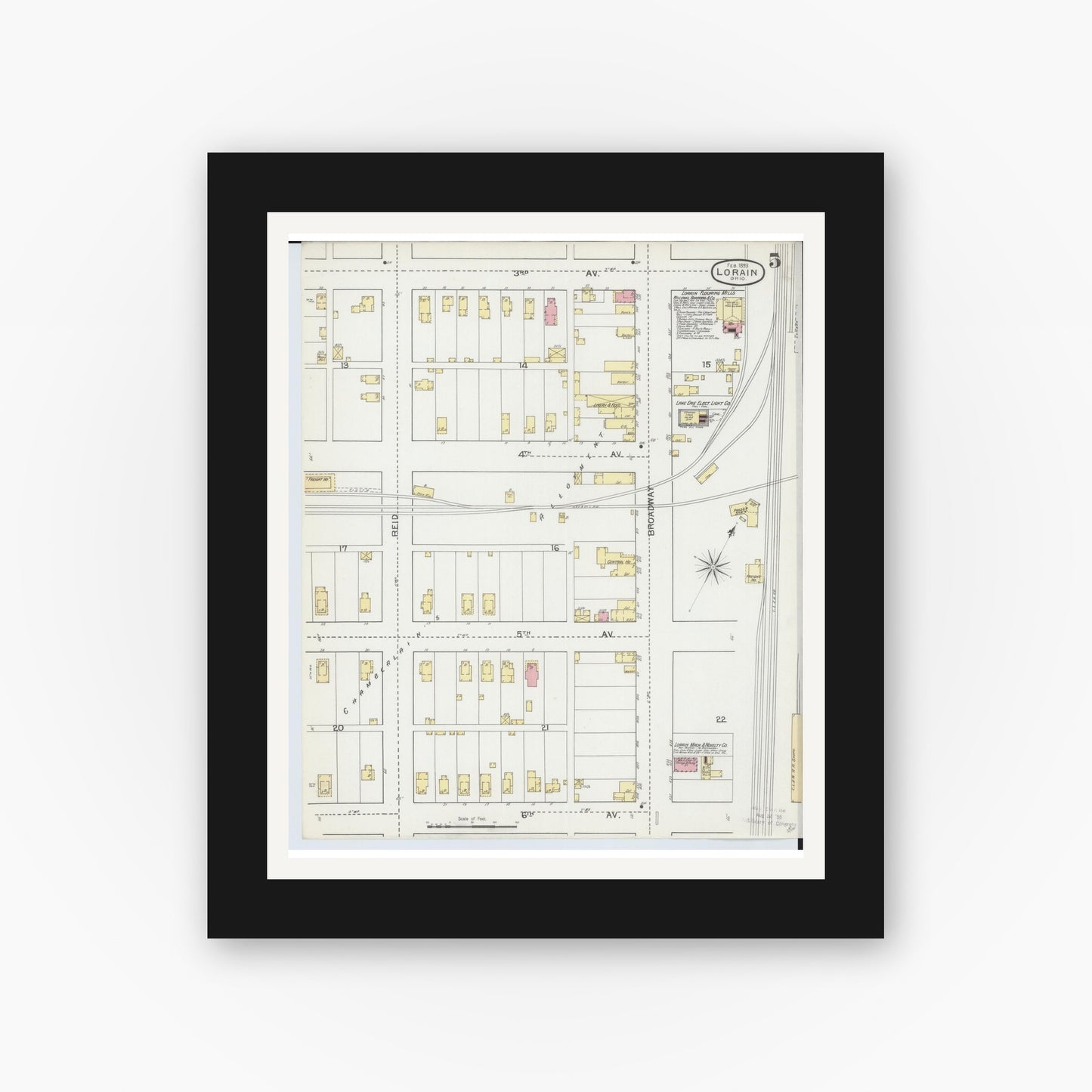 Old map wall art mockup — black gallery frame with white mat — Sanborn Fire Insurance Map from Lorain, Lorain County, Ohio (1893), Sheet #0005
