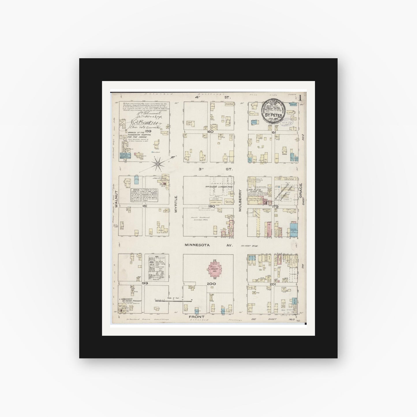Old map wall art mockup — black gallery frame with white mat — Sanborn Fire Insurance Map from Saint Peter, Nicollet County, Minnesota (1885) - Complete Map Set
