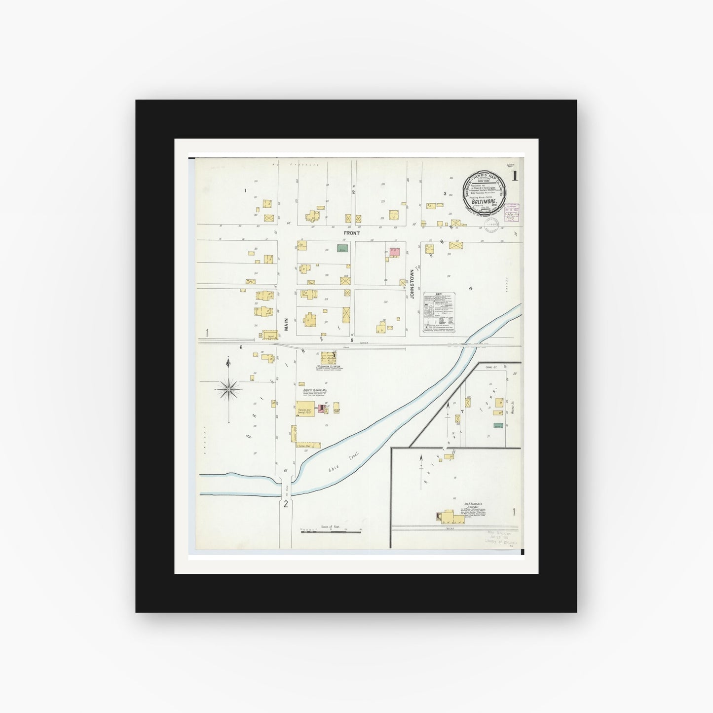 Old map wall art mockup — black gallery frame with white mat — Sanborn Fire Insurance Map from Baltimore, Fairfield County, Ohio (1901), Sheet #0001