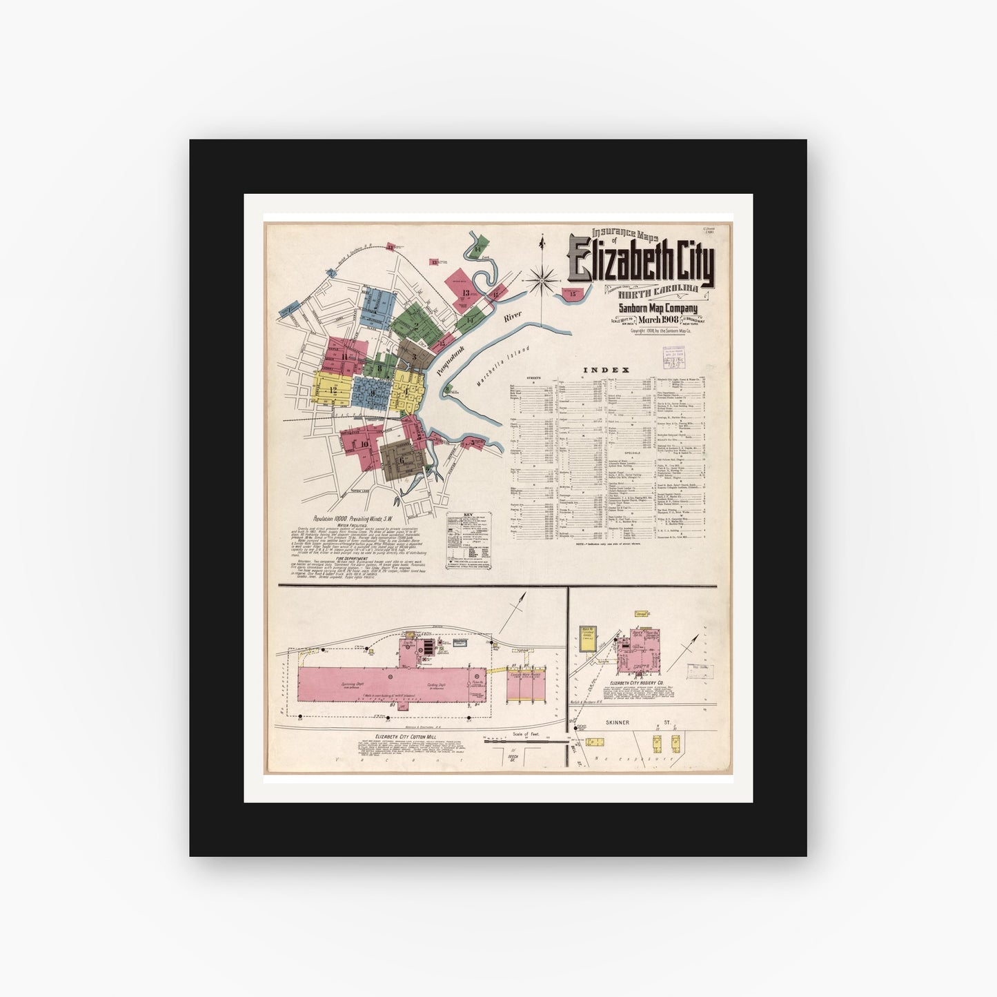 Old map wall art mockup — black gallery frame with white mat — Sanborn Fire Insurance Map from Elizabeth City, Pasquotank County, North Carolina (1908), Sheet #0001