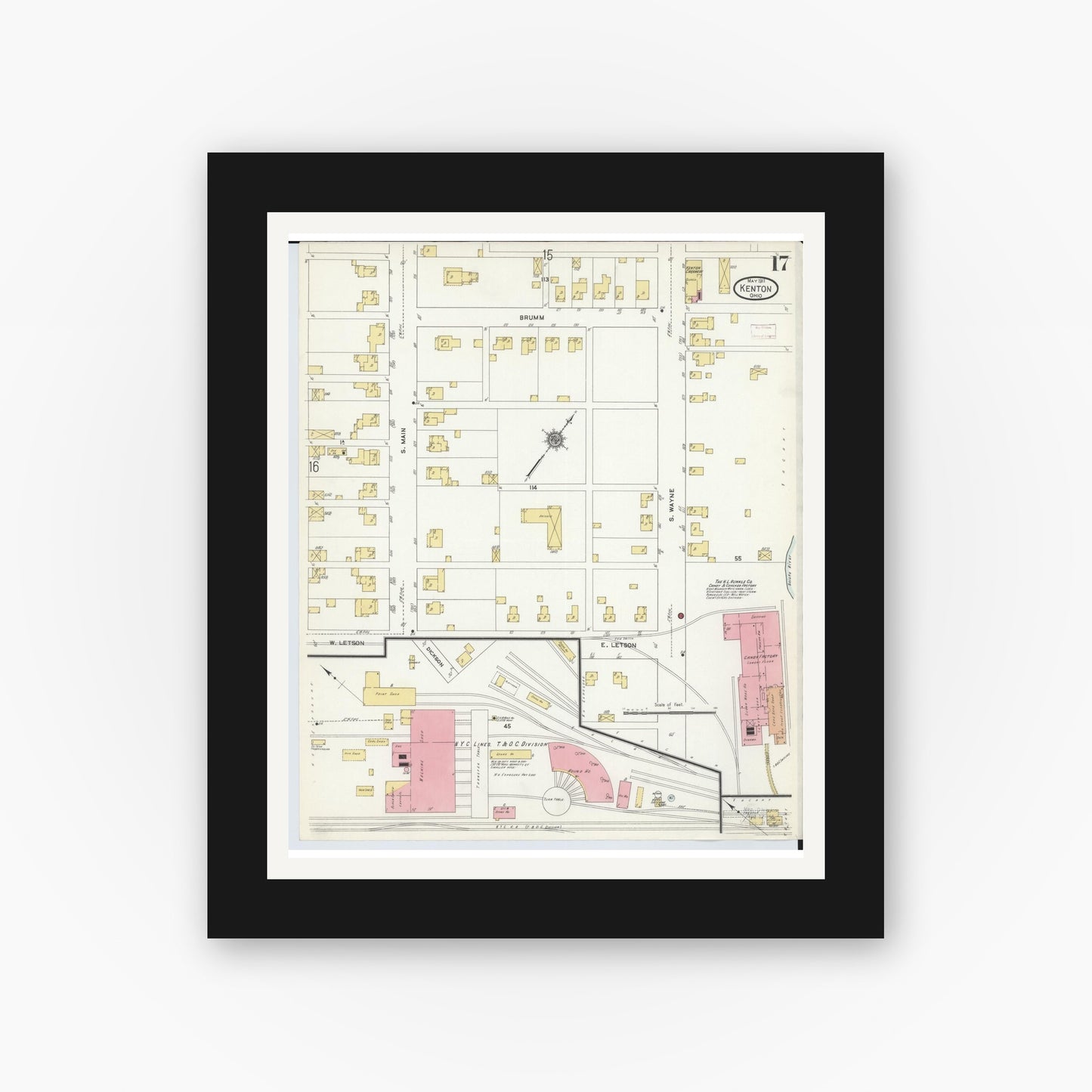 Old map wall art mockup — black gallery frame with white mat — Sanborn Fire Insurance Map from Kenton, Hardin County, Ohio (1911), Sheet #0017