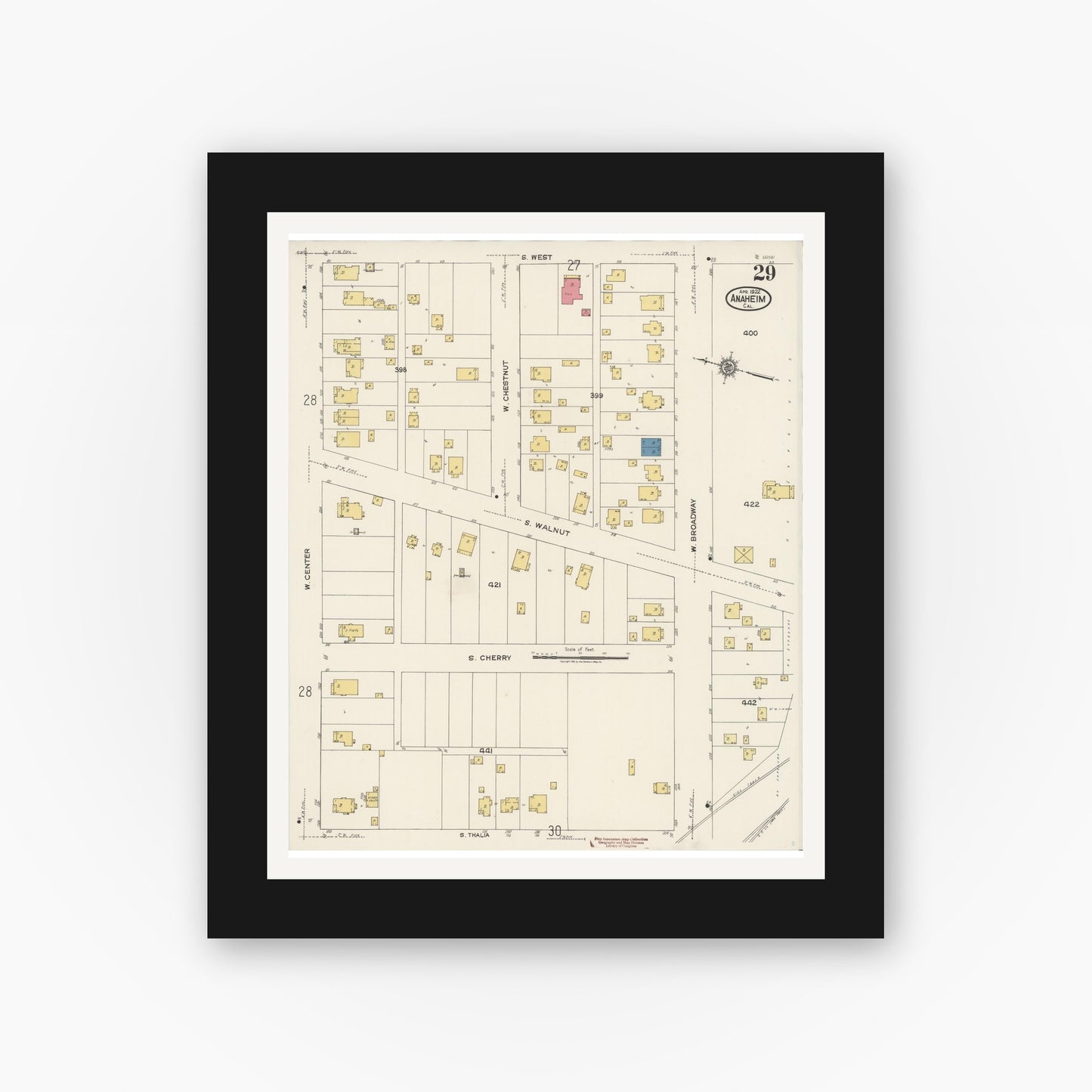 Old map wall art mockup — black gallery frame with white mat — Sanborn Fire Insurance Map from Anaheim, Orange County, California (1922), Sheet #0029