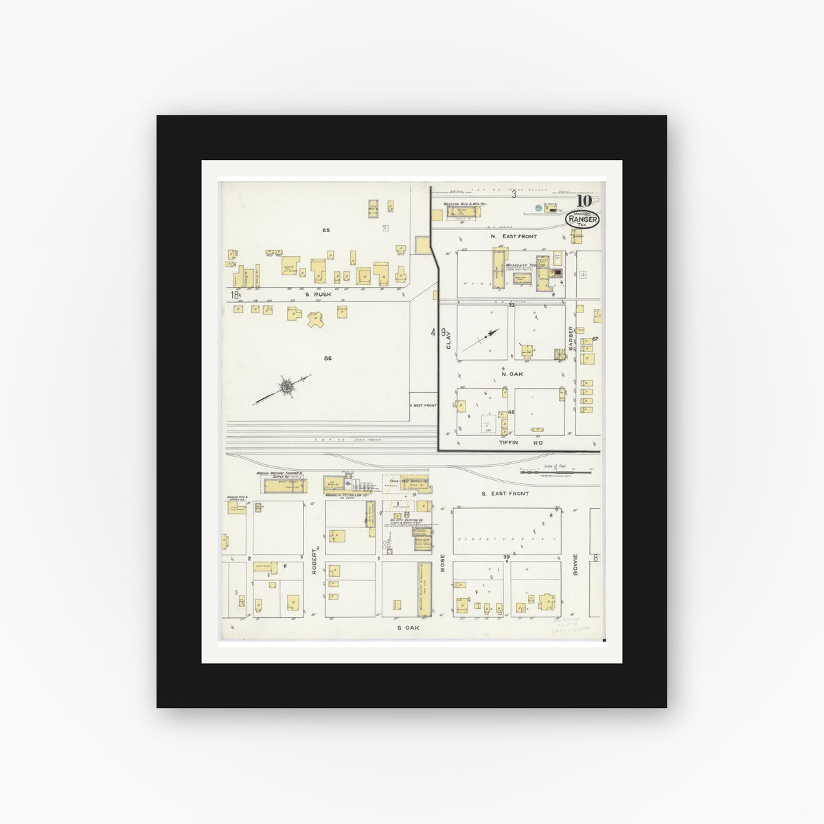 Old map wall art mockup — black gallery frame with white mat — Sanborn Fire Insurance Map from Ranger, Eastland County, Texas (1920), Sheet #0010
