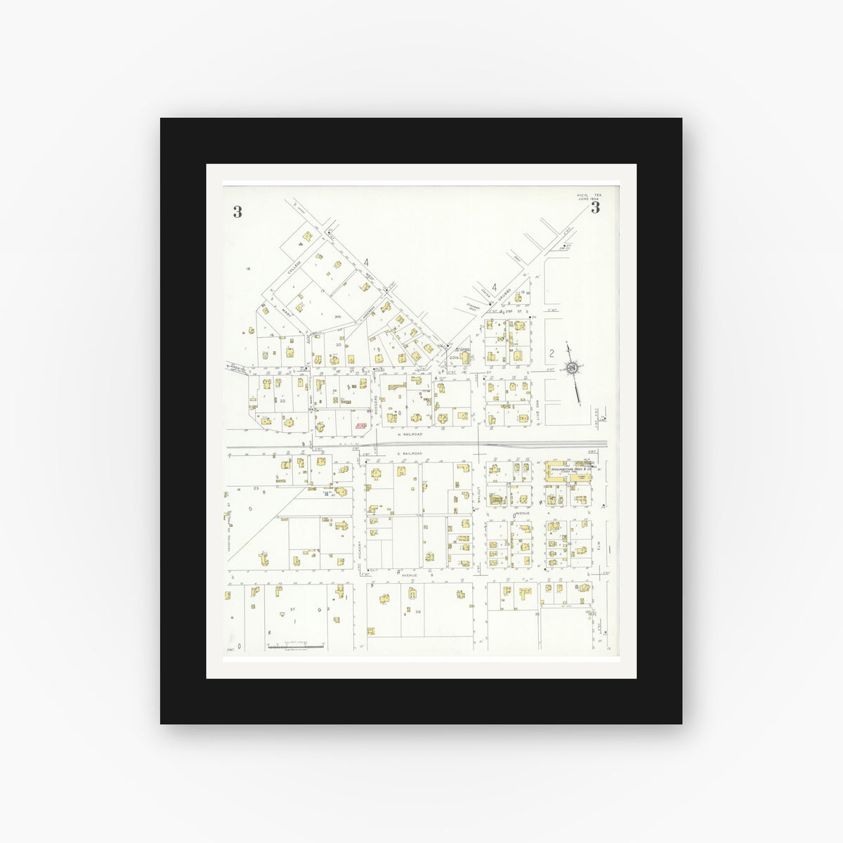 Old map wall art mockup — black gallery frame with white mat — Sanborn Fire Insurance Map from Hico, Hamilton County, Texas (1934), Sheet #0003