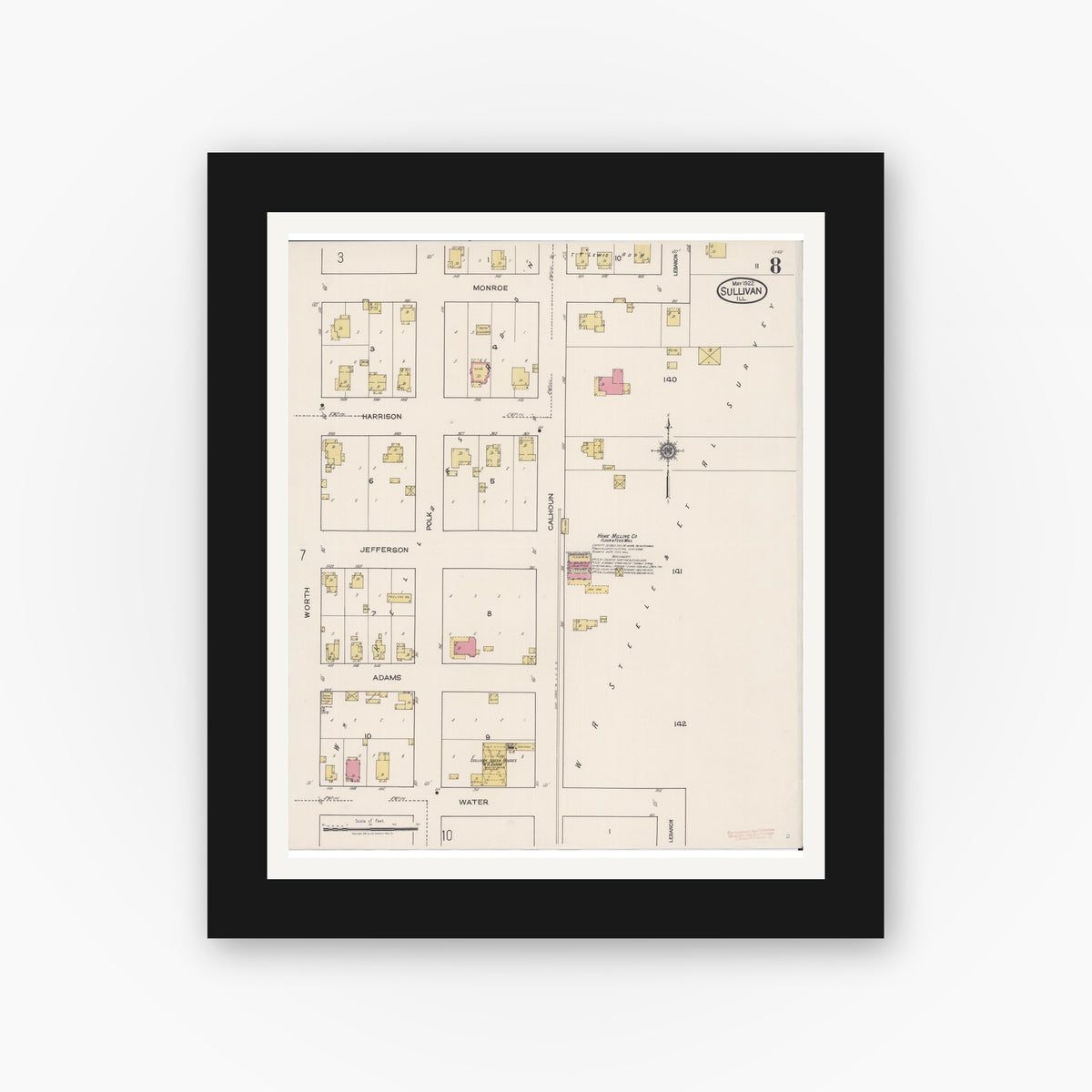 Old map wall art mockup β black gallery frame with white mat β Sanborn Fire Insurance Map from Sullivan, Moultrie County, Illinois (1922), Sheet #0008