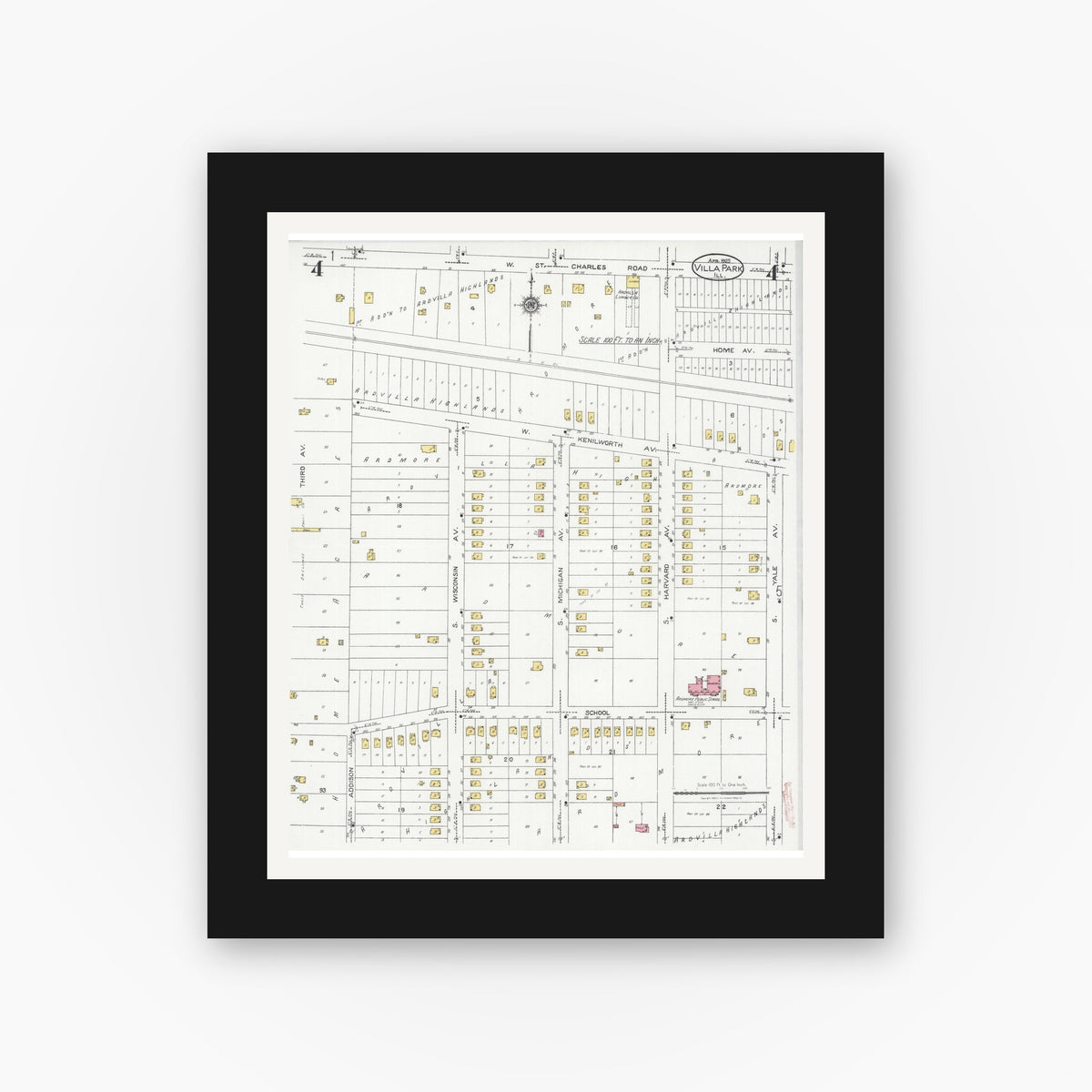 Old map wall art mockup — black gallery frame with white mat — Sanborn Fire Insurance Map from Villa Park, Du Page County, Illinois (1925), Sheet #0004