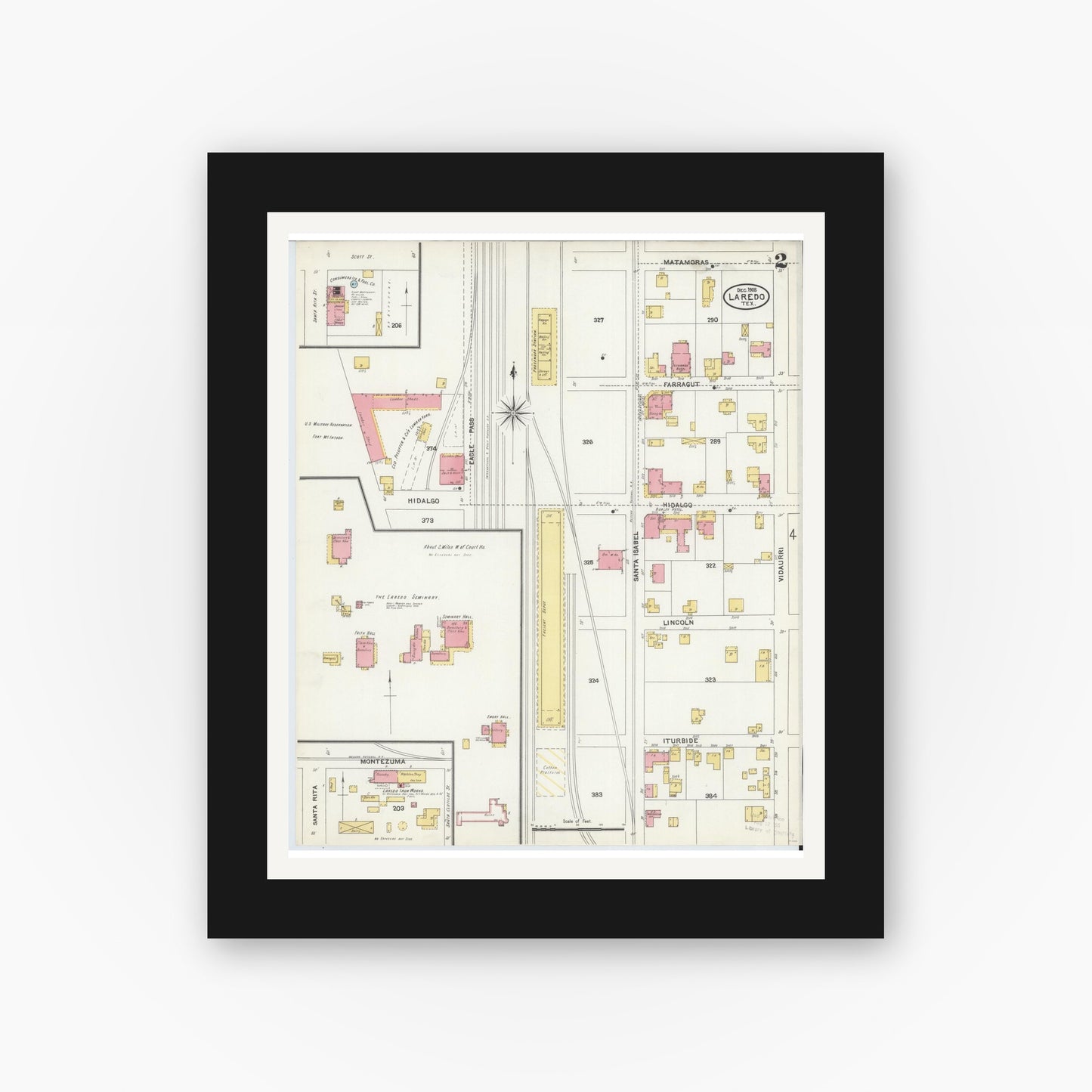 Old map wall art mockup — black gallery frame with white mat — Sanborn Fire Insurance Map from Laredo, Webb County, Texas (1905), Sheet #0002
