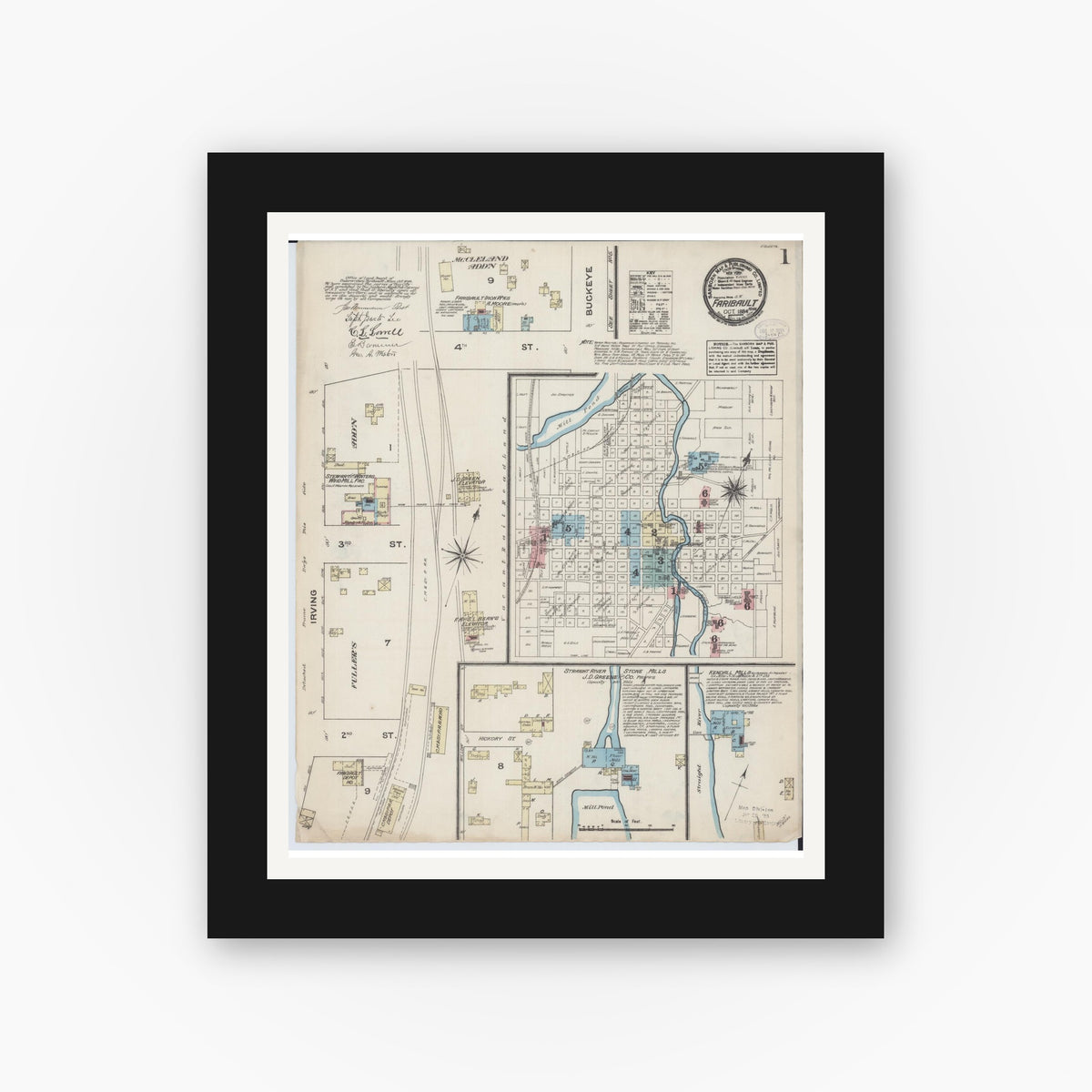 Old map wall art mockup — black gallery frame with white mat — Sanborn Fire Insurance Map from Faribault, Rice County, Minnesota (1884) - Complete Map Set