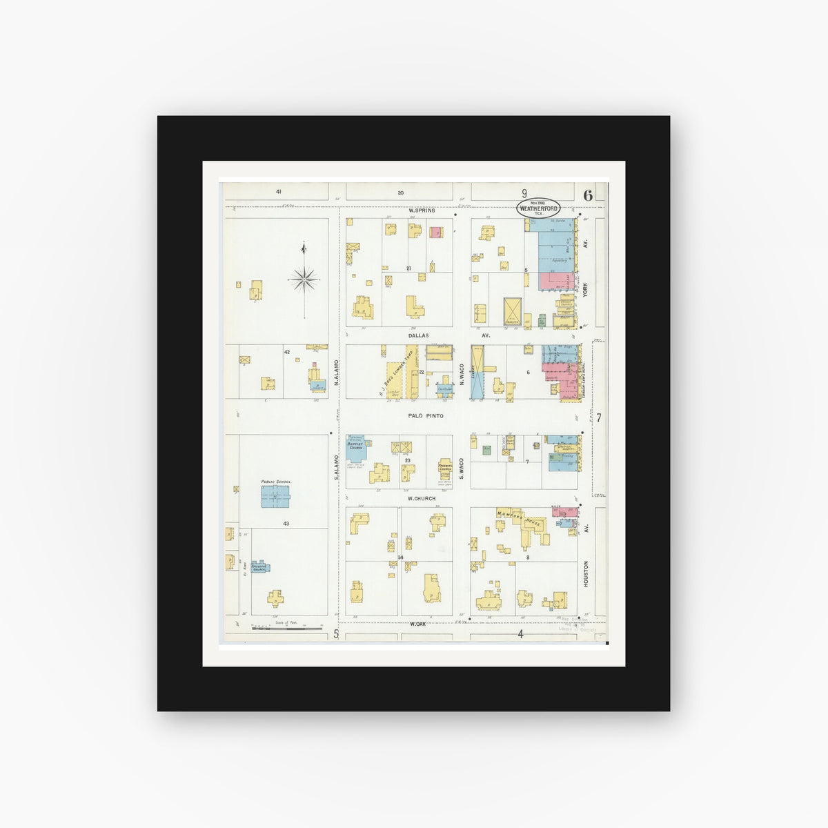 Old map wall art mockup — black gallery frame with white mat — Sanborn Fire Insurance Map from Weatherford, Parker County, Texas (1900), Sheet #0006
